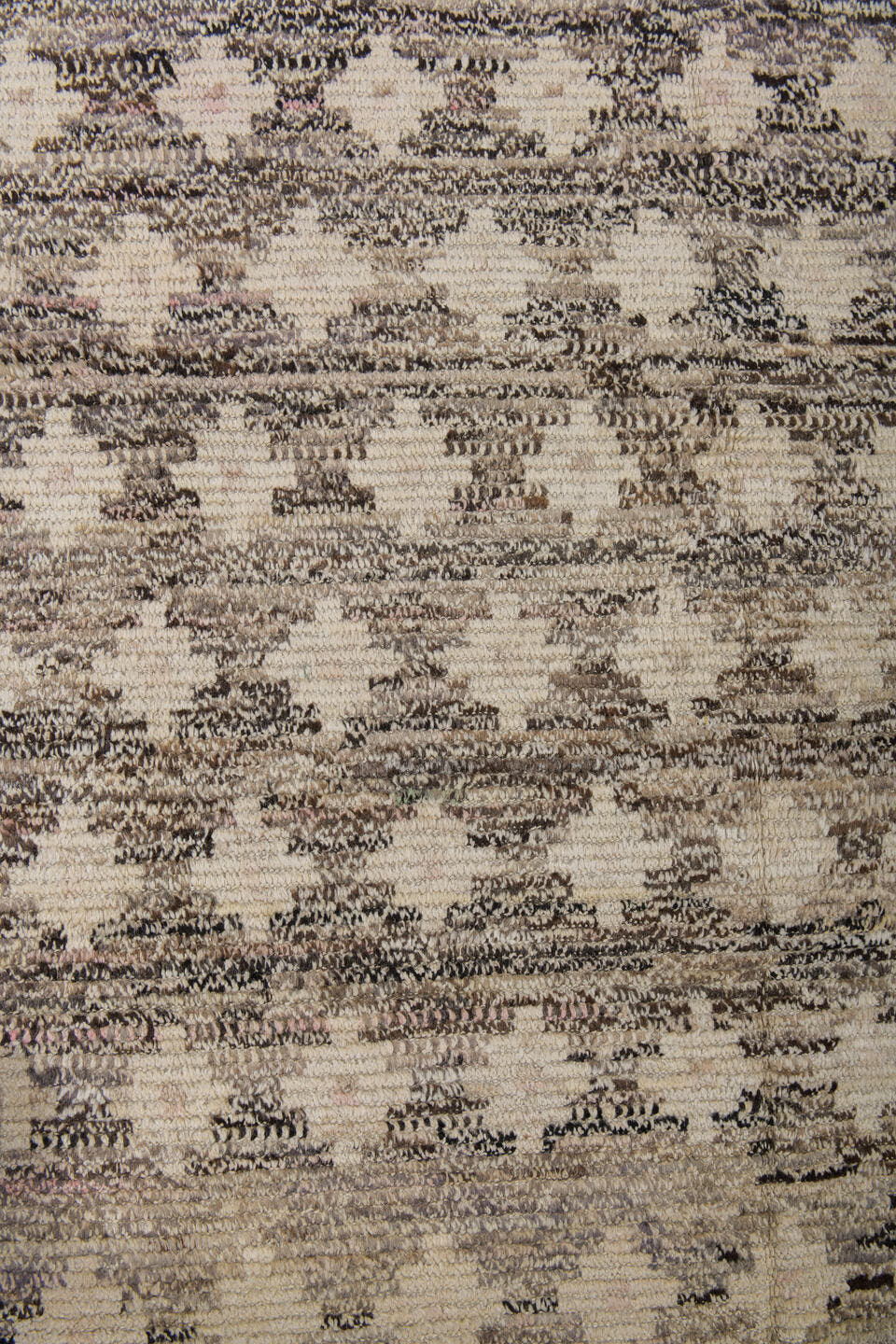 9' x 12' one-of-a-kind handmade vintage Tulu large size rug. Color palette: ivory, taupe, charcoal, cream, beige, gray