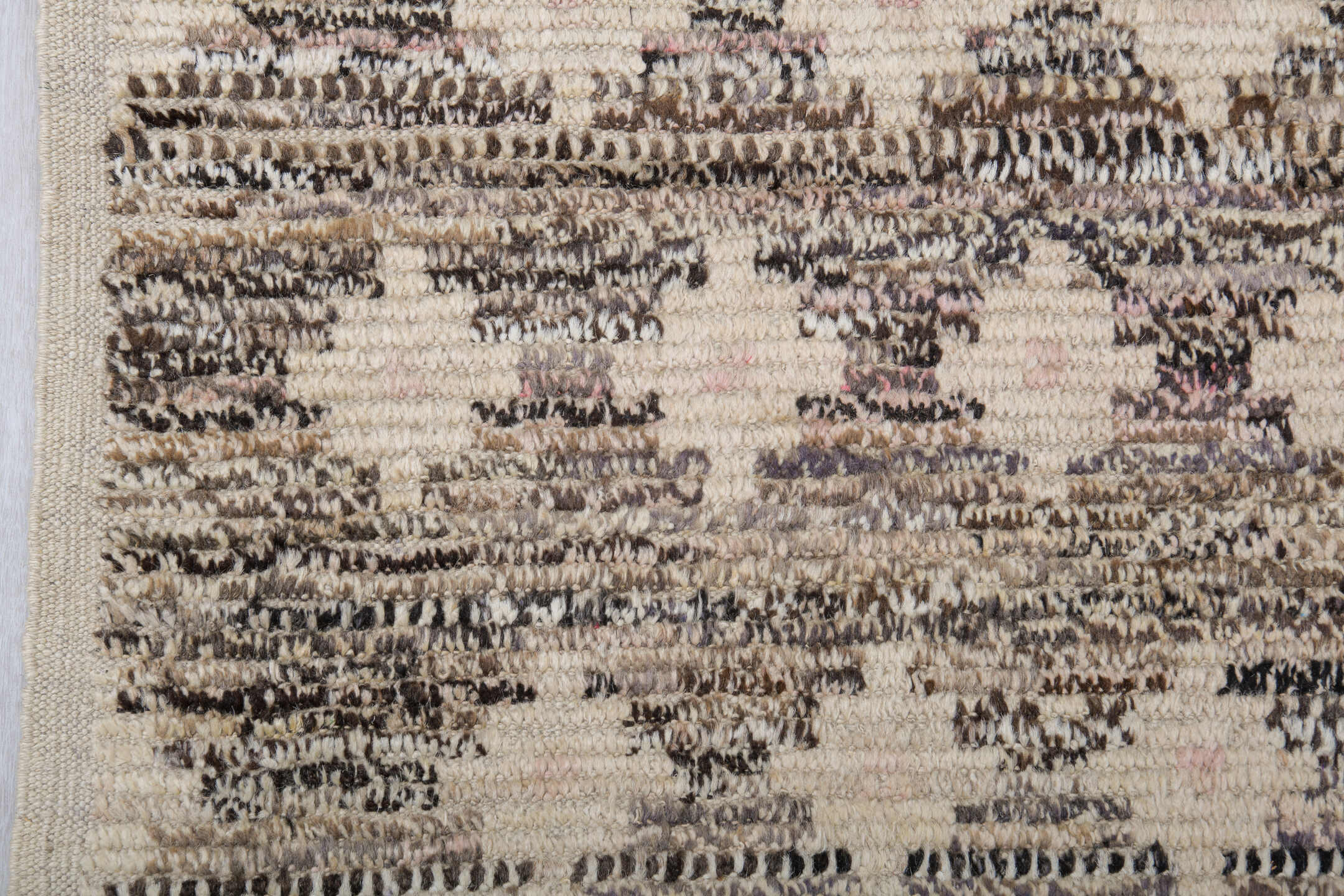 9' x 12' one-of-a-kind handmade vintage Tulu large size rug. Color palette: ivory, taupe, charcoal, cream, beige, gray