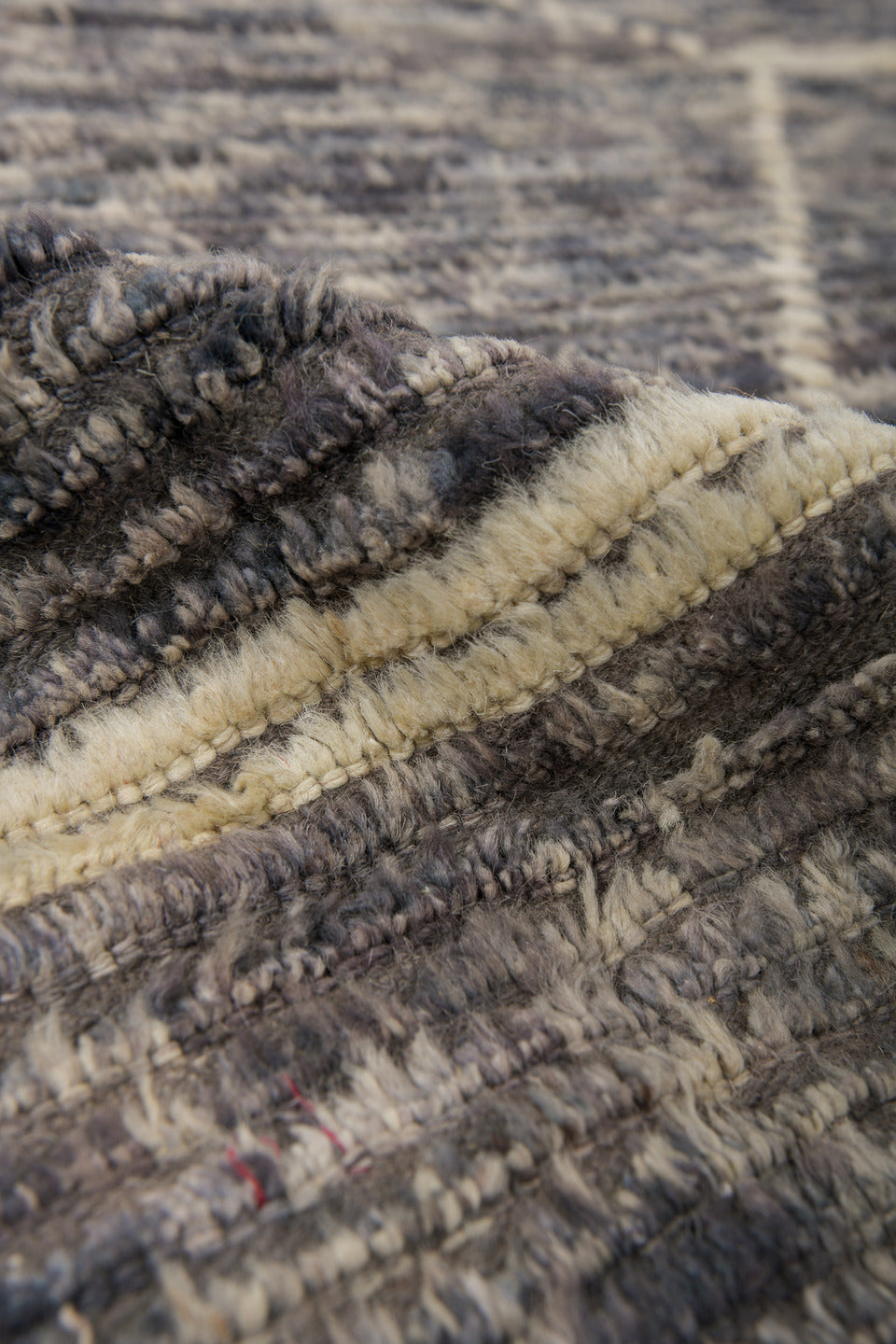 8' x 10' one-of-a-kind handmade vintage Tulu large size rug. Color palette: gray, charcoal, ivory, taupe, black, beige