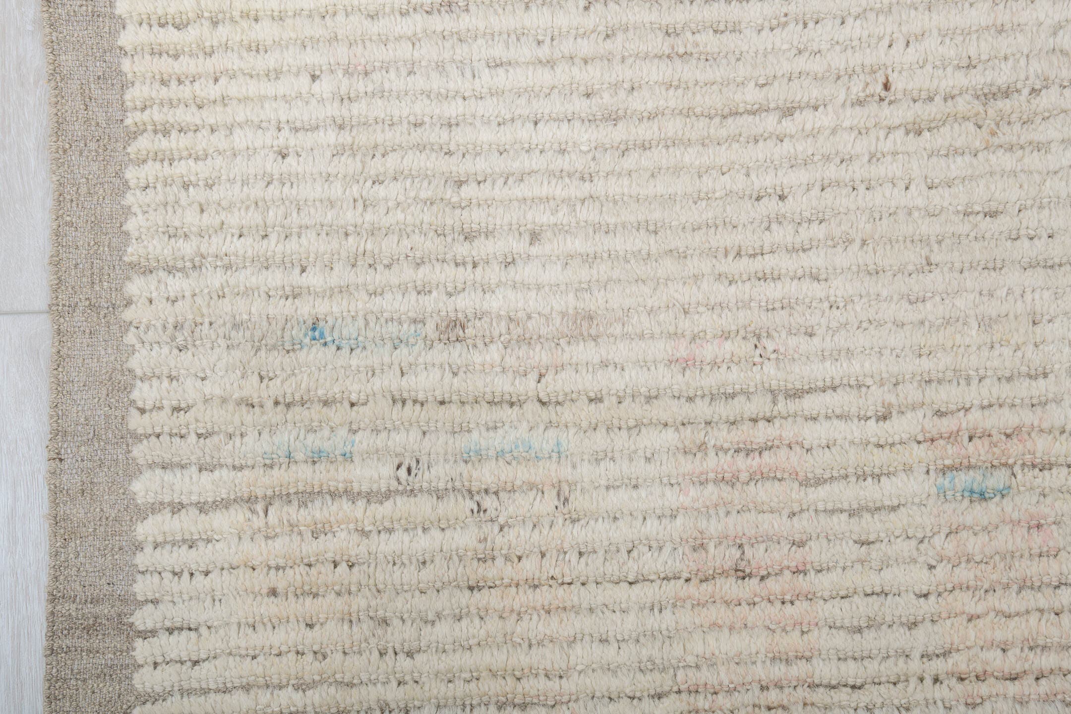 8' x 11' one-of-a-kind handmade vintage Tulu large size rug. Color palette: ivory, cream, taupe, blush, pale blue, charcoal