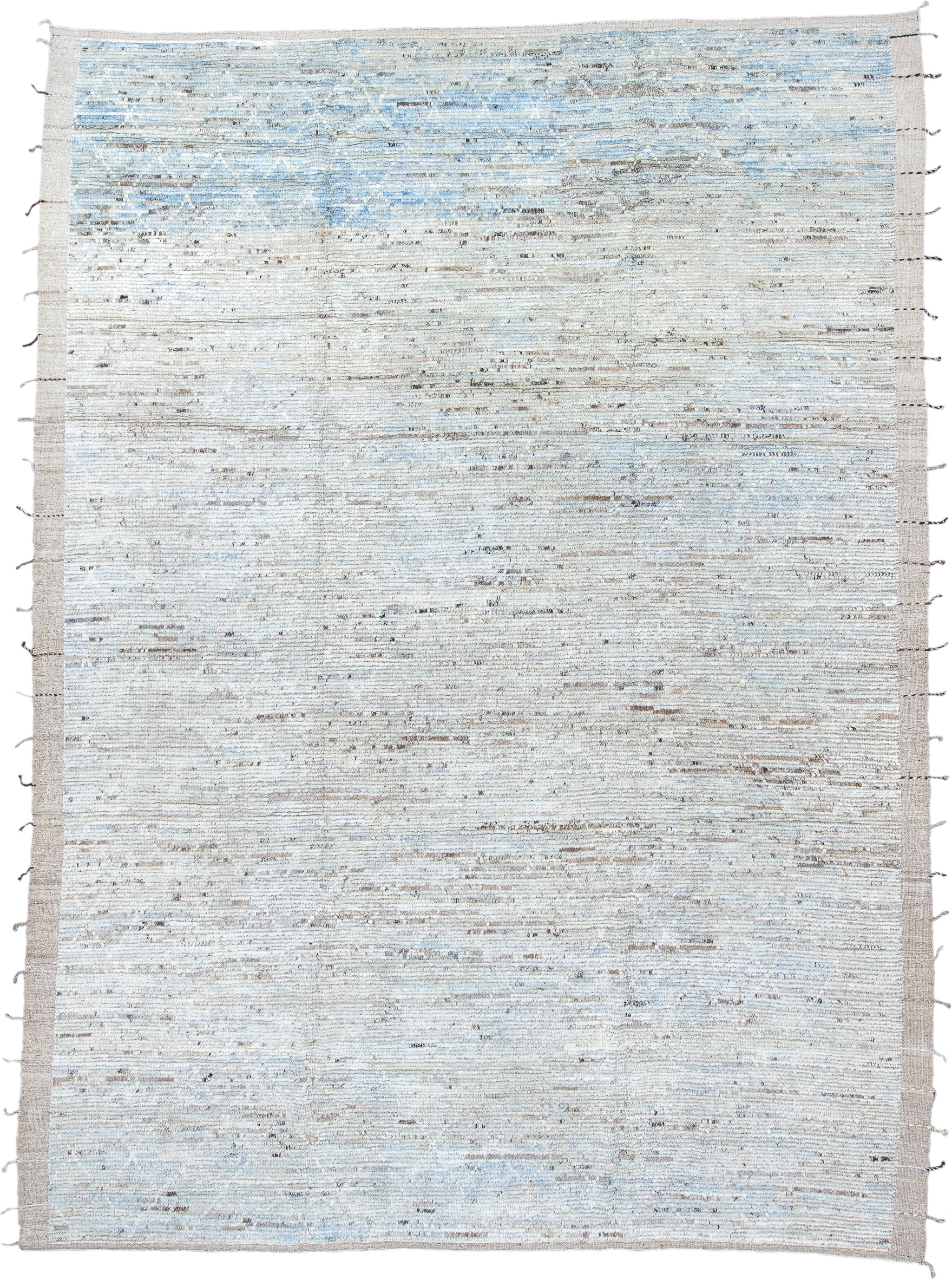 10' x 14' one-of-a-kind handmade vintage Tulu large size rug. Color palette: ivory, pale blue, taupe, beige, charcoal