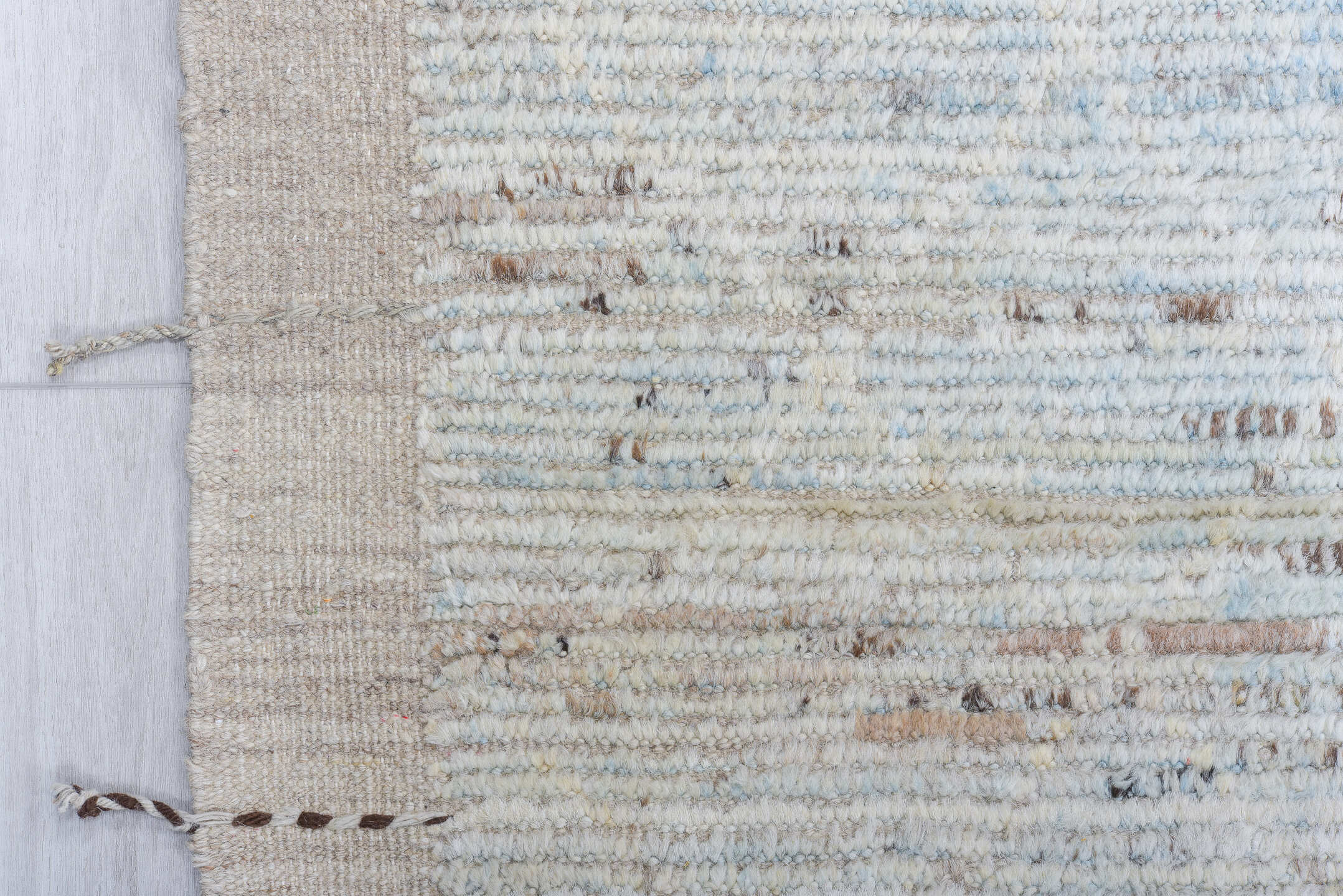 10' x 14' one-of-a-kind handmade vintage Tulu large size rug. Color palette: ivory, pale blue, taupe, beige, charcoal