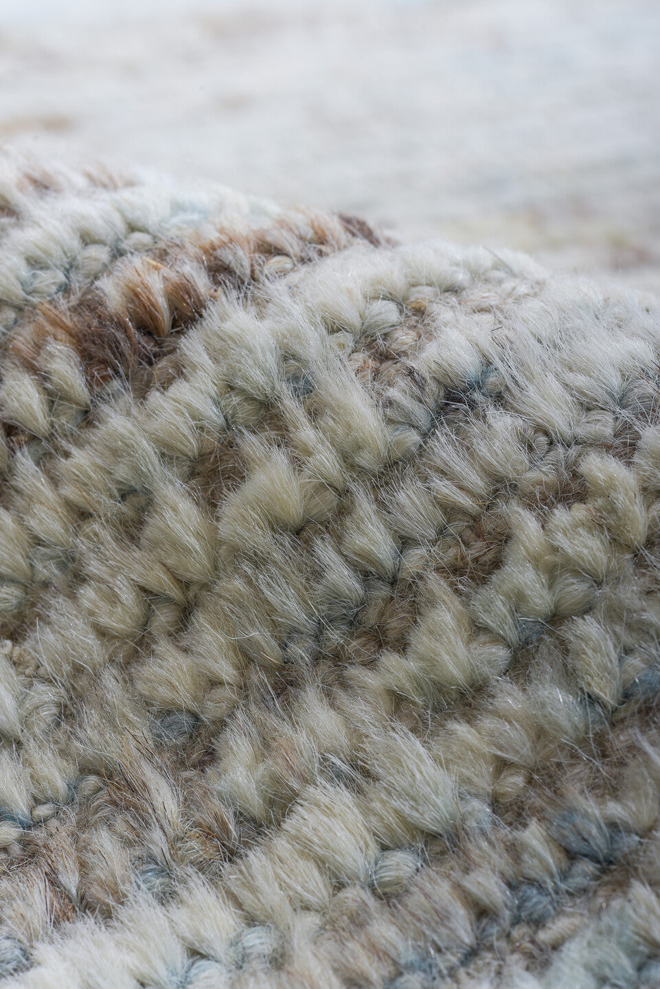 10' x 14' one-of-a-kind handmade vintage Tulu large size rug. Color palette: ivory, pale blue, taupe, beige, charcoal