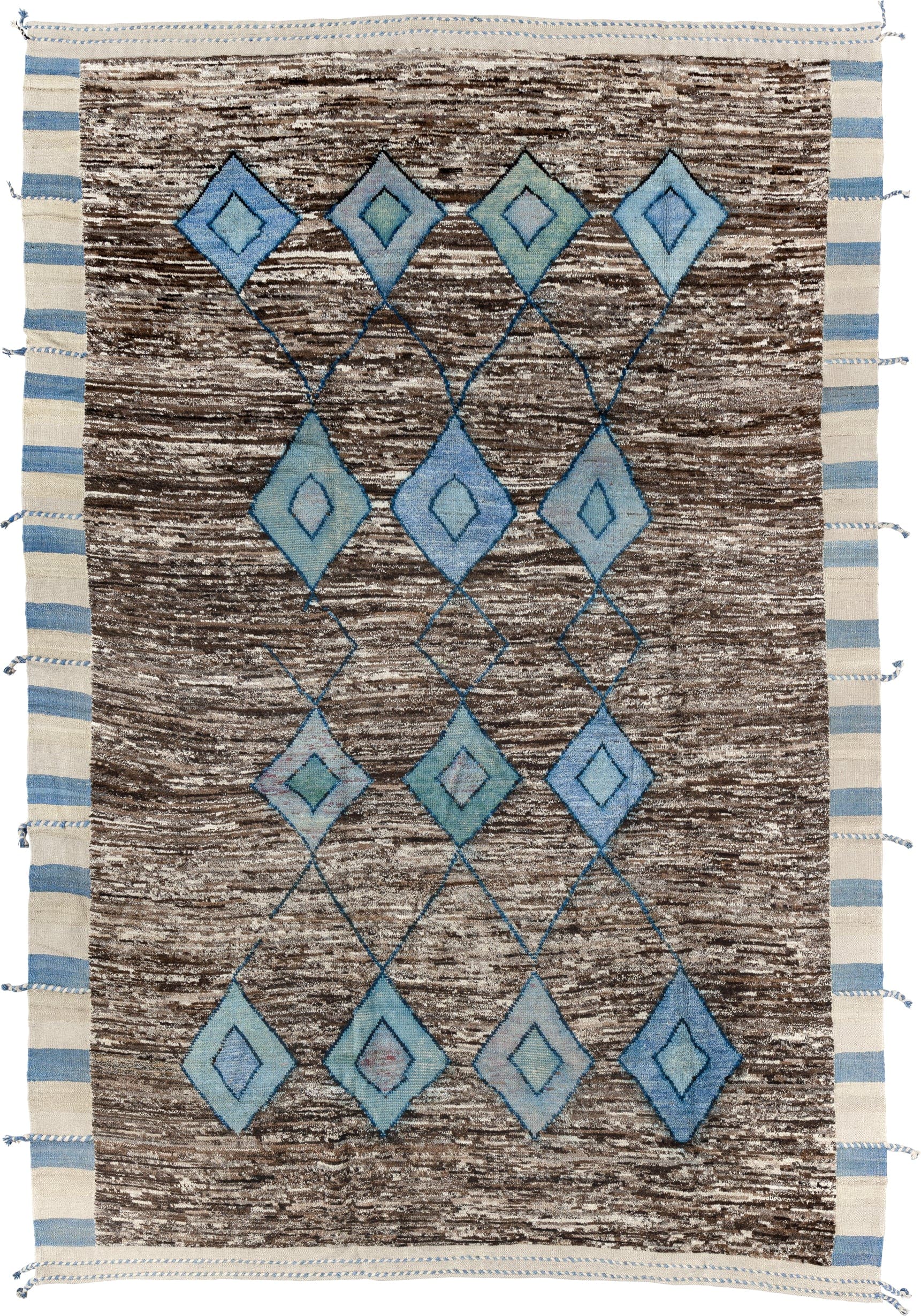 8' x 13' one-of-a-kind handmade vintage Tulu large size rug. Color palette: brown, ivory, sky blue, powder blue, camel
