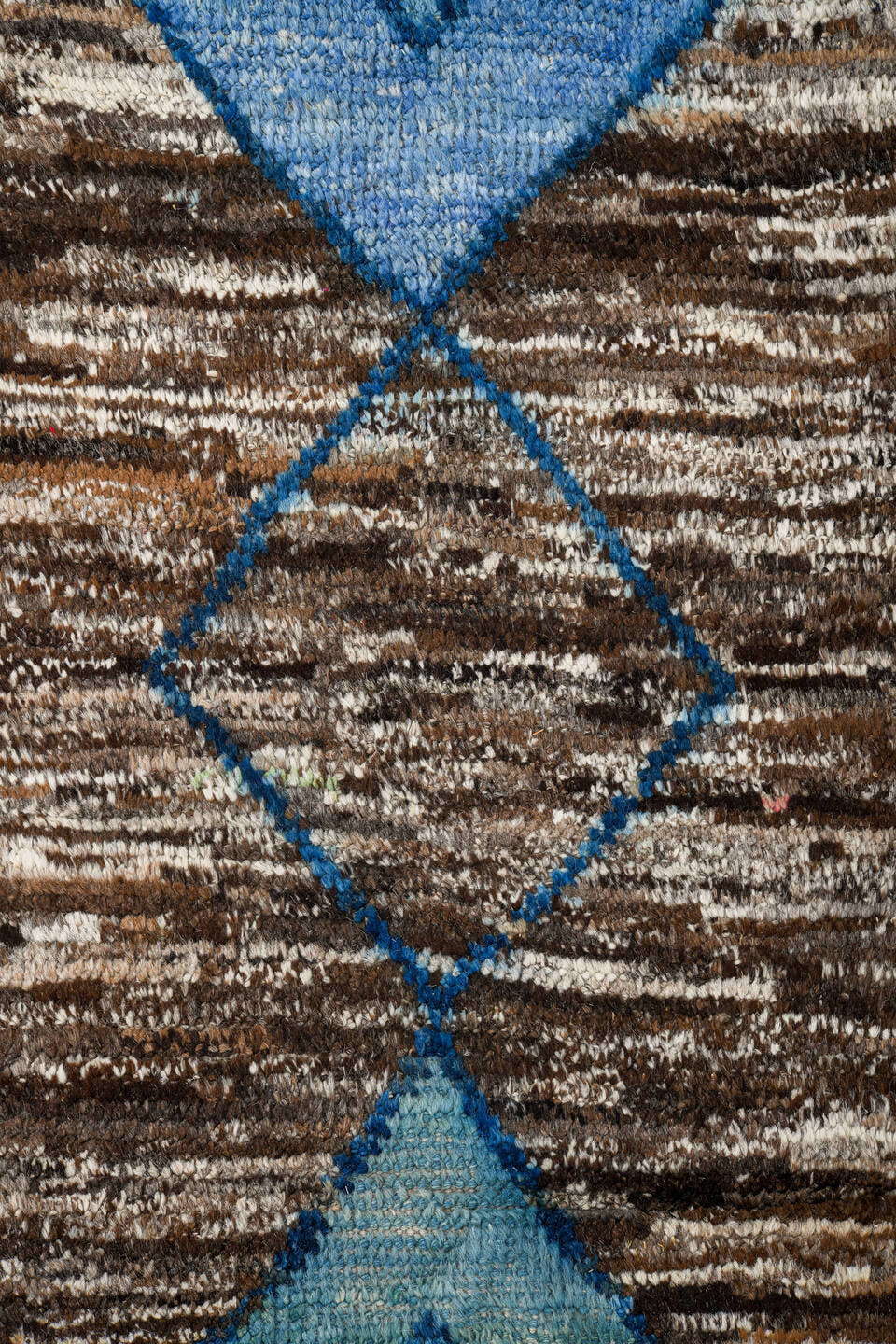 8' x 13' one-of-a-kind handmade vintage Tulu large size rug. Color palette: brown, ivory, sky blue, powder blue, camel