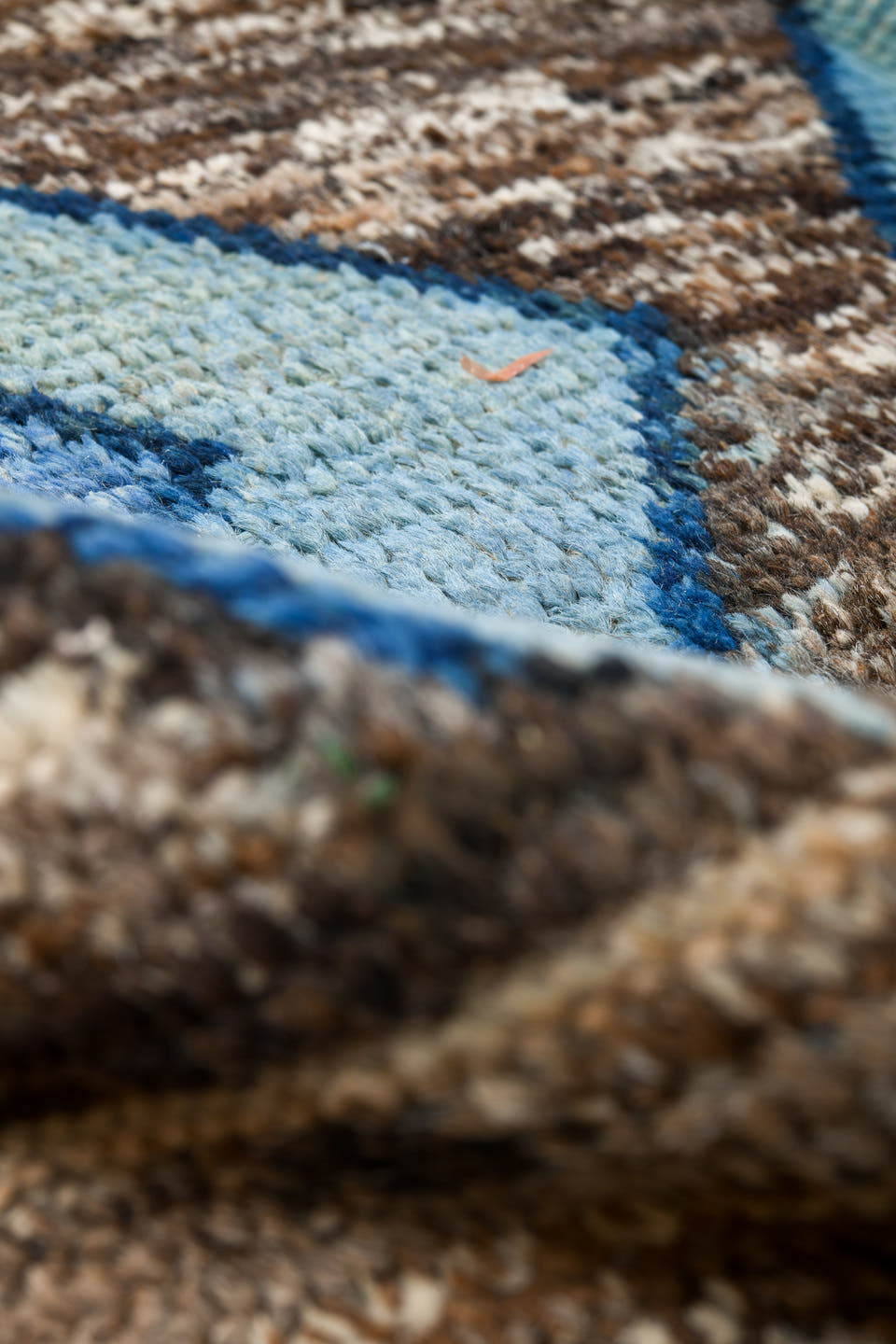8' x 13' one-of-a-kind handmade vintage Tulu large size rug. Color palette: brown, ivory, sky blue, powder blue, camel