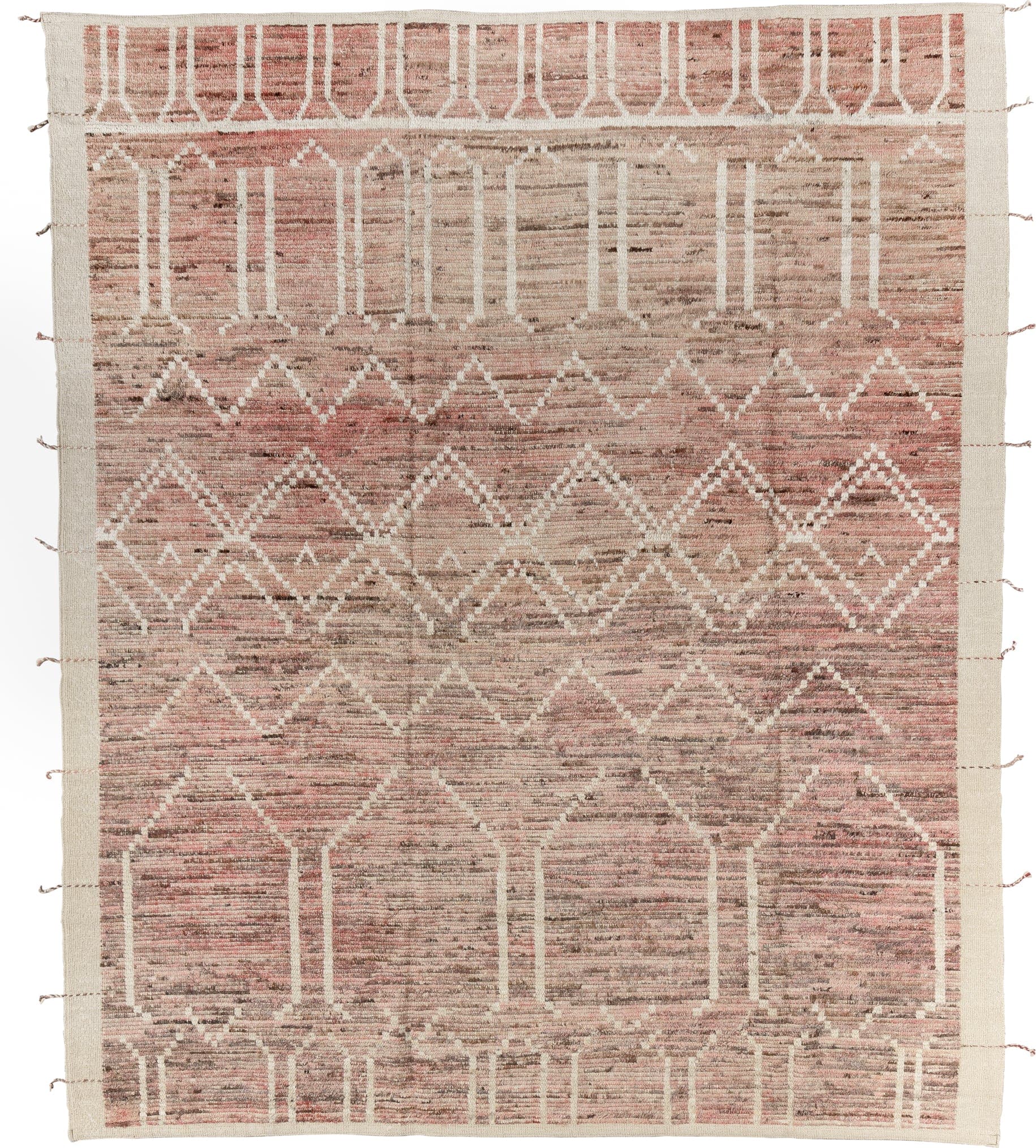 8' x 9' one-of-a-kind handmade vintage Tulu large size rug. Color palette: rose, taupe, ivory, blush, sand, brown, pink, red