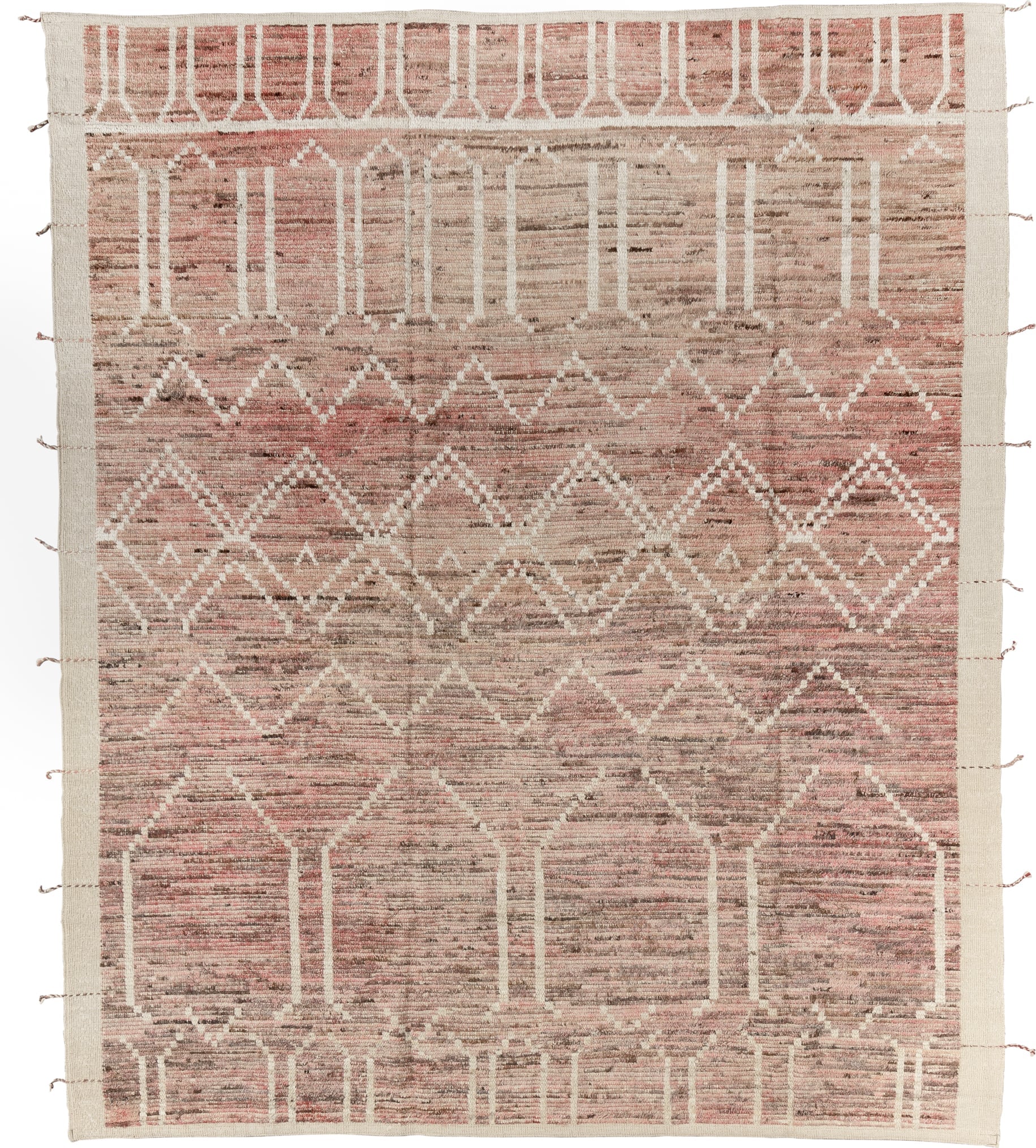 8' x 9' one-of-a-kind handmade vintage Tulu large size rug. Color palette: rose, taupe, ivory, blush, sand, brown, pink, red