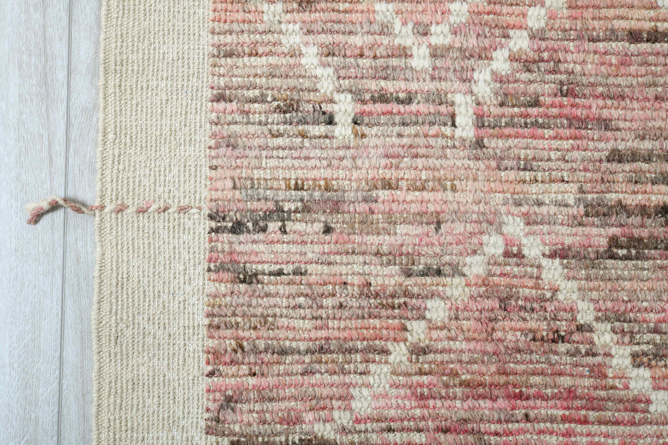 8' x 9' one-of-a-kind handmade vintage Tulu large size rug. Color palette: rose, taupe, ivory, blush, sand, brown, pink, red