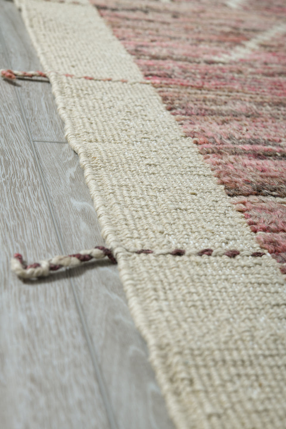 8' x 9' one-of-a-kind handmade vintage Tulu large size rug. Color palette: rose, taupe, ivory, blush, sand, brown, pink, red