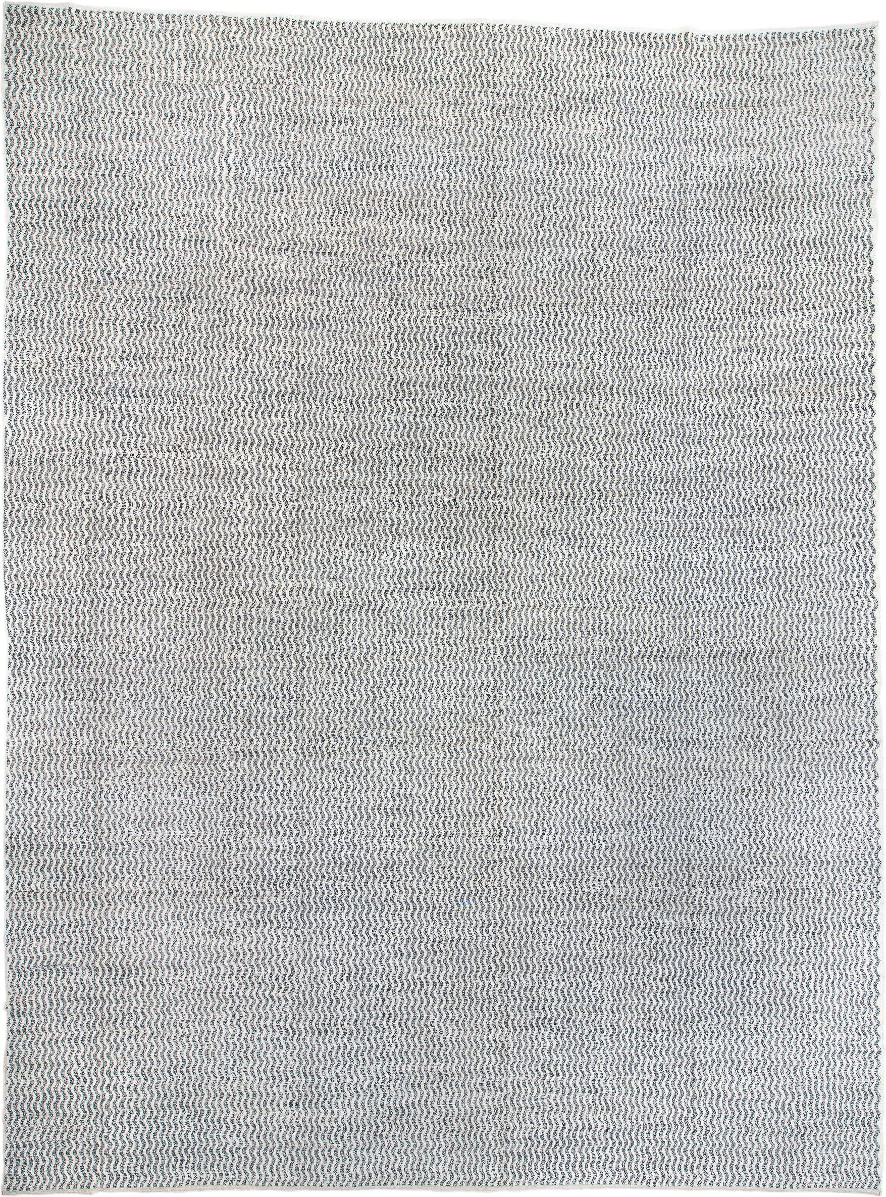 14' x 19' one-of-a-kind handmade vintage Tulu oversize rug. Color palette: ivory, blue-gray, teal, slate, gray, blue