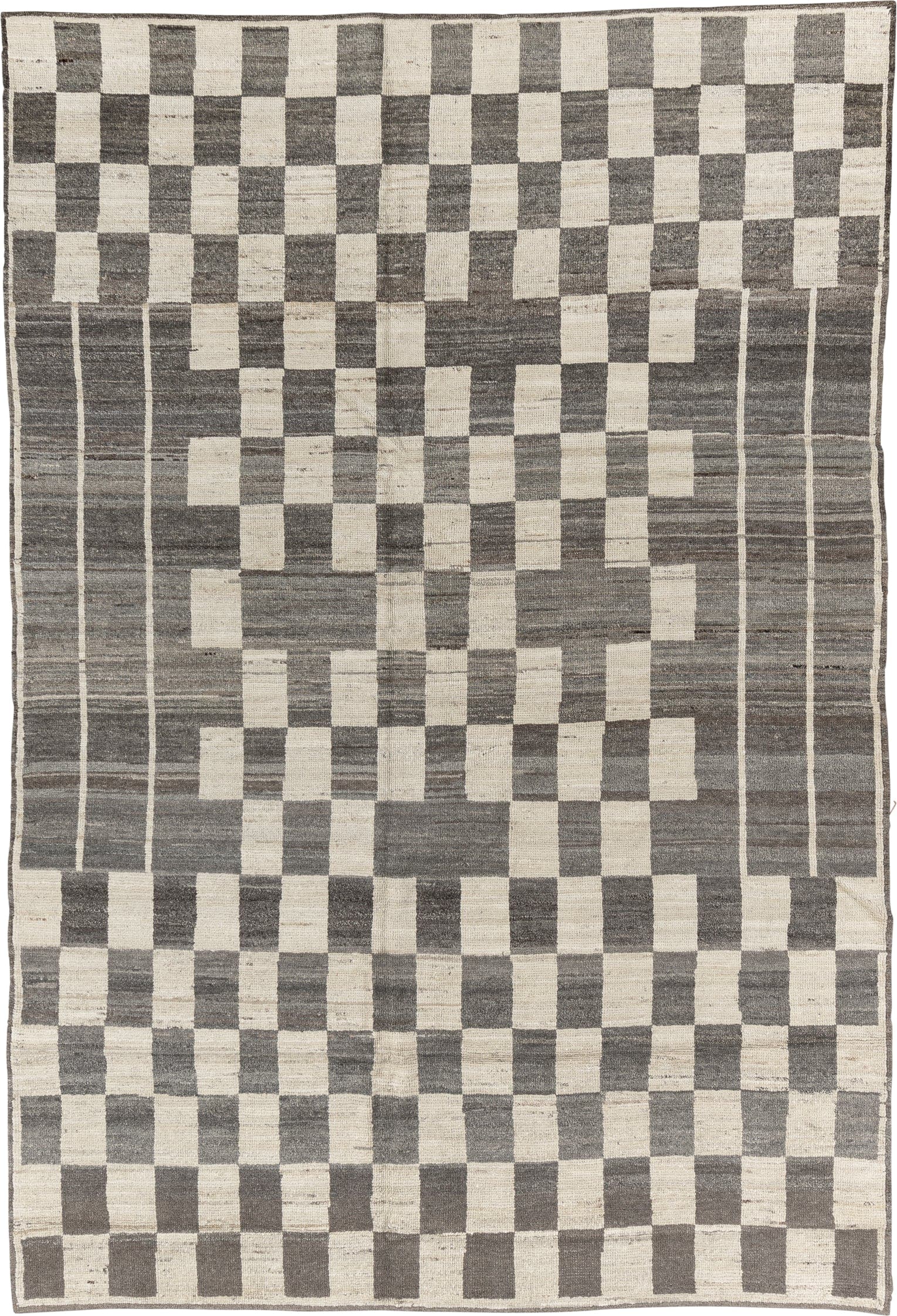 6' x 9' one-of-a-kind handmade vintage Tulu medium size rug. Color palette: ivory, charcoal, gray, taupe, black, beige