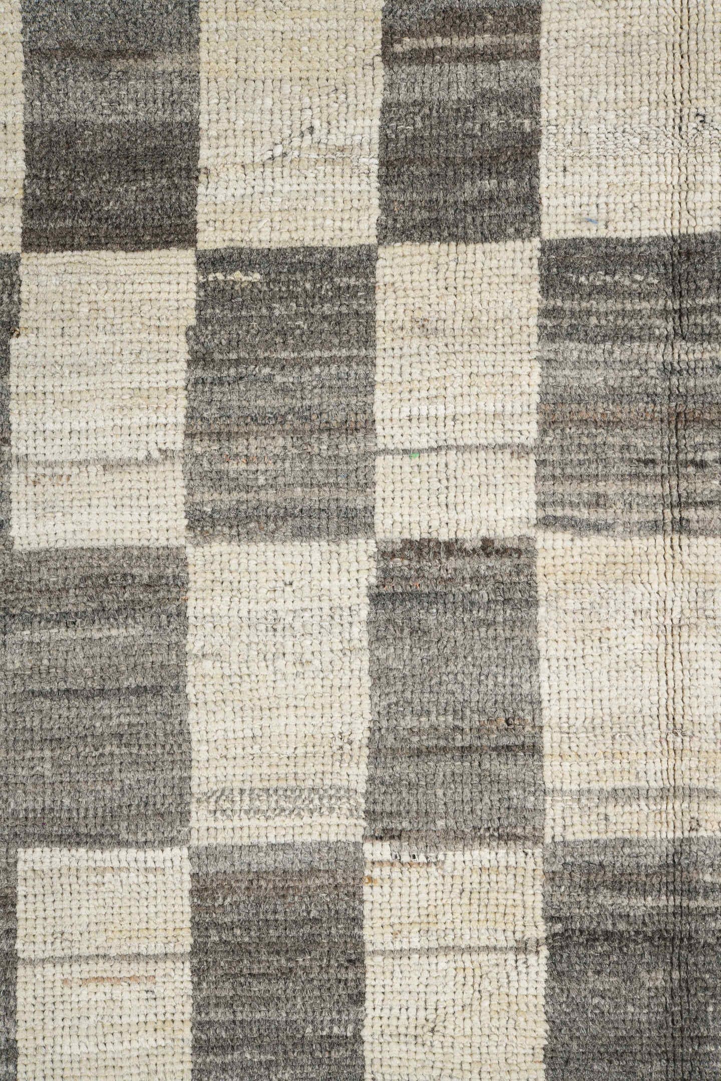 6' x 9' one-of-a-kind handmade vintage Tulu medium size rug. Color palette: ivory, charcoal, gray, taupe, black, beige