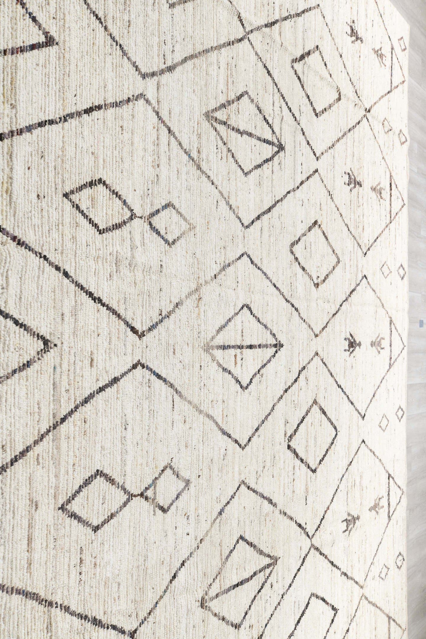 12' x 14' one-of-a-kind handmade vintage Tulu oversize rug. Color palette: ivory, charcoal, taupe, cream, gray, black, beige