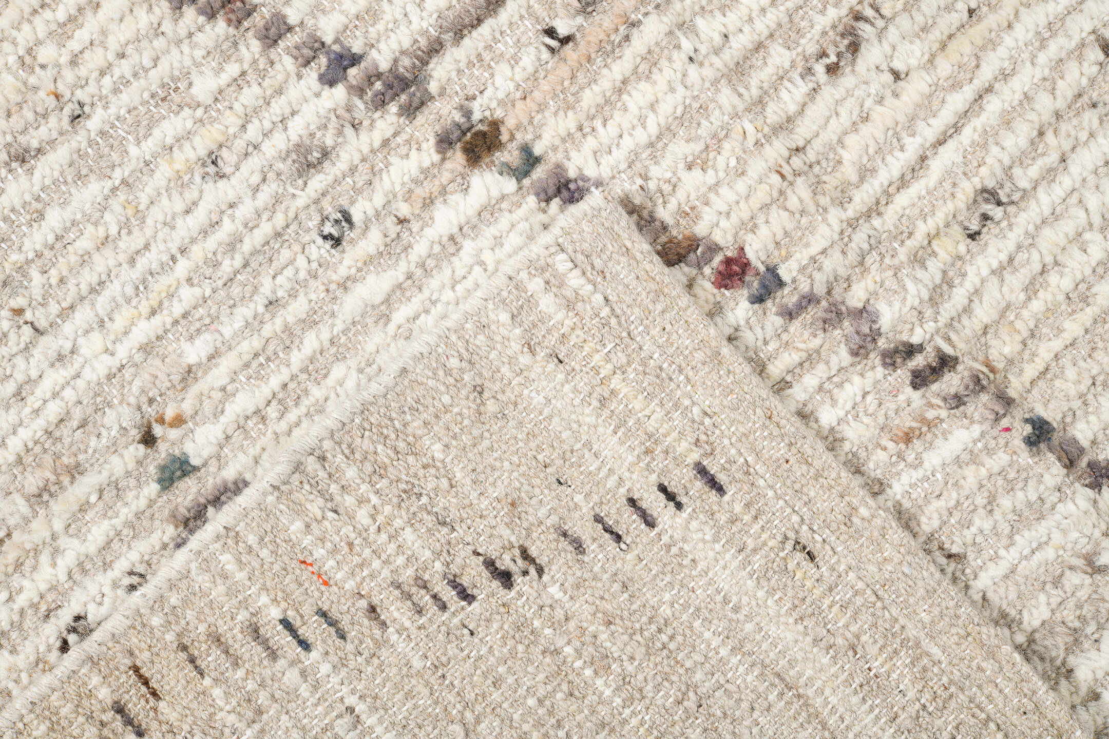 12' x 14' one-of-a-kind handmade vintage Tulu oversize rug. Color palette: ivory, charcoal, taupe, cream, gray, black, beige