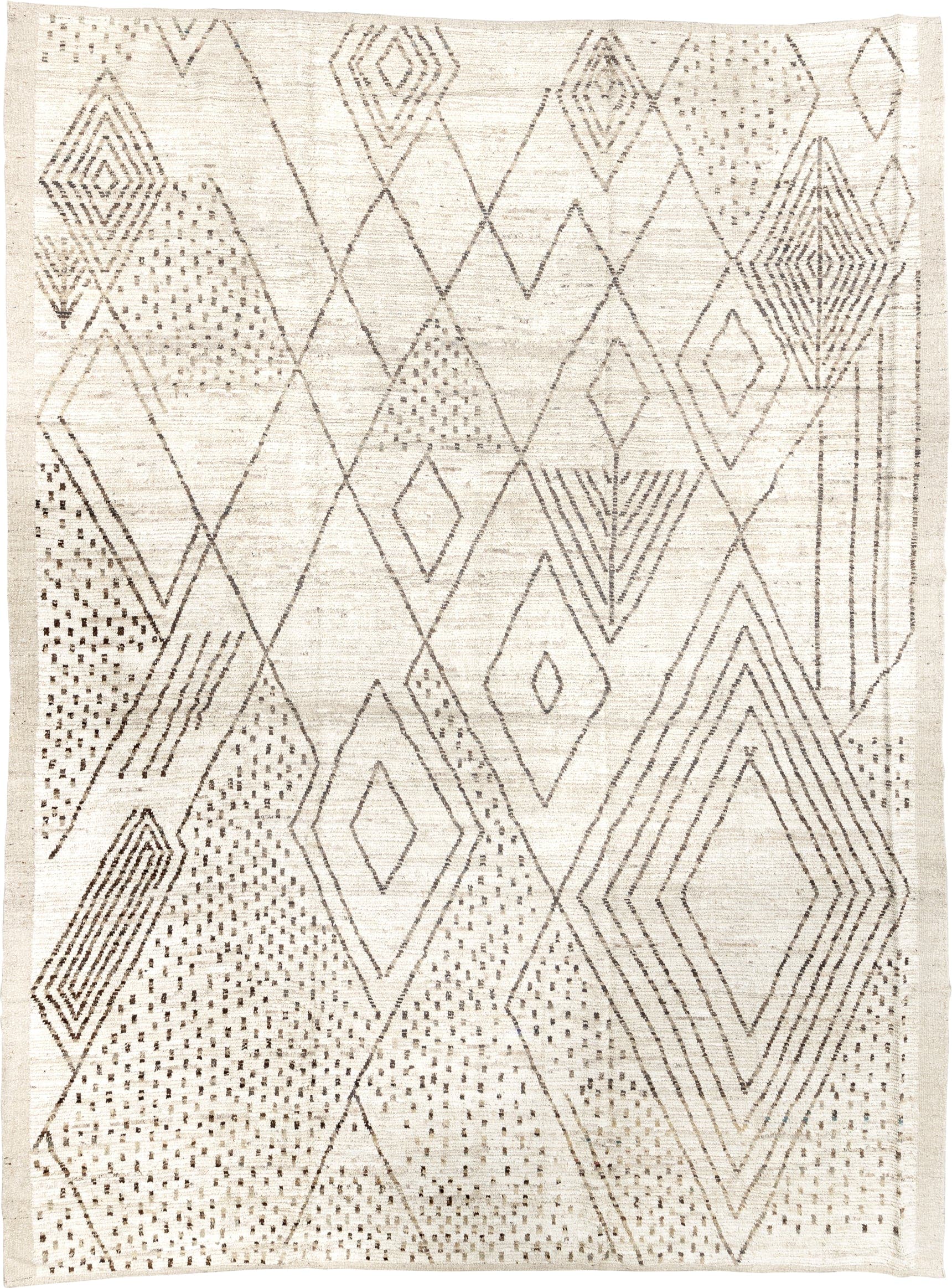 10' x 13' one-of-a-kind handmade vintage Tulu large size rug. Color palette: ivory, taupe, brown, beige, gray