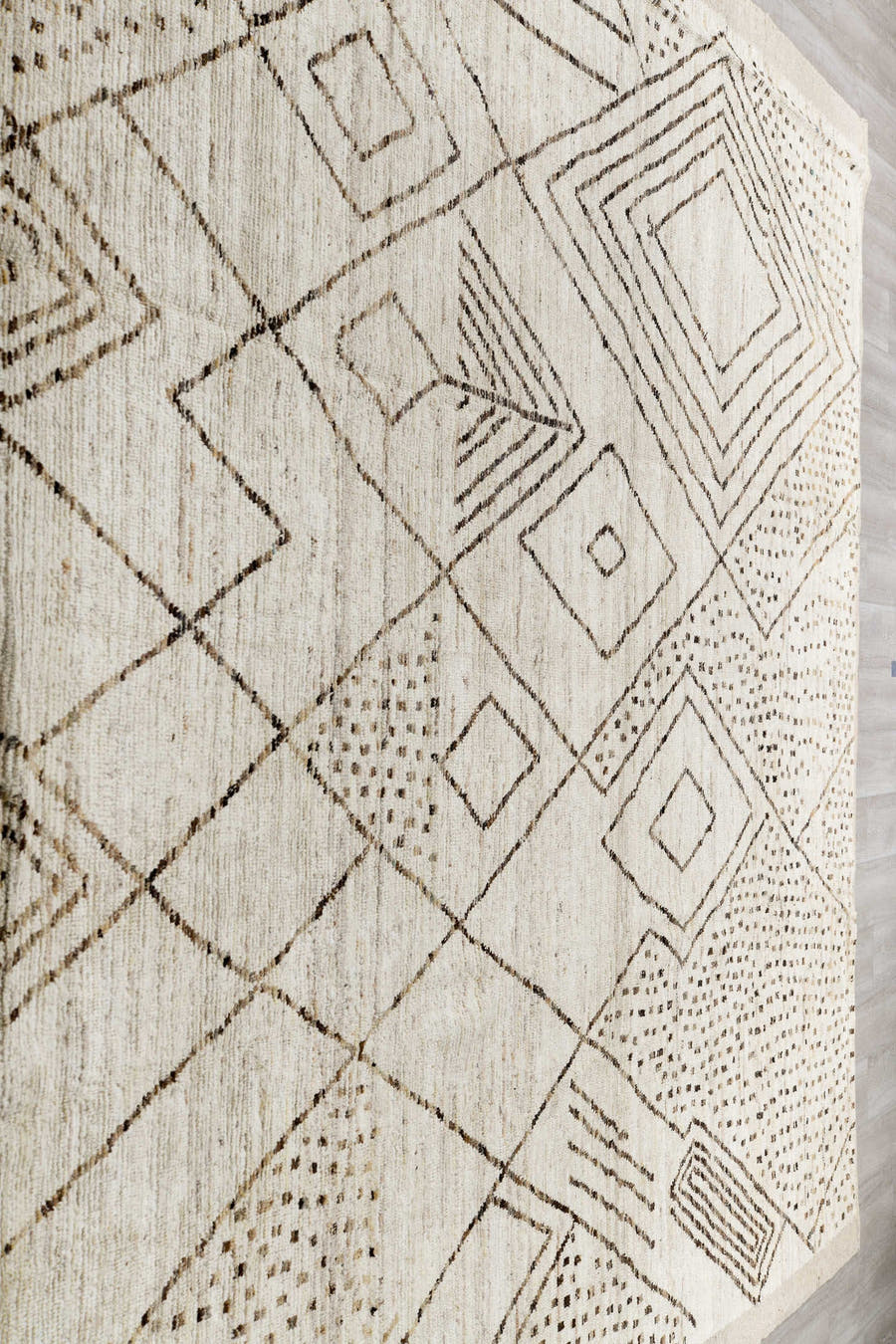 10' x 13' one-of-a-kind handmade vintage Tulu large size rug. Color palette: ivory, taupe, brown, beige, gray