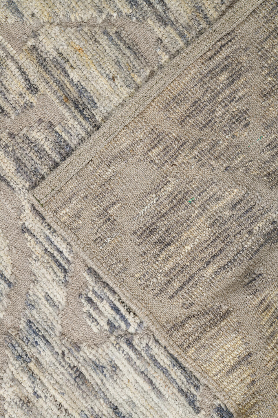 9' x 12' one-of-a-kind handmade vintage Tulu large size rug. Color palette: ivory, taupe, gray, cream, greige, beige