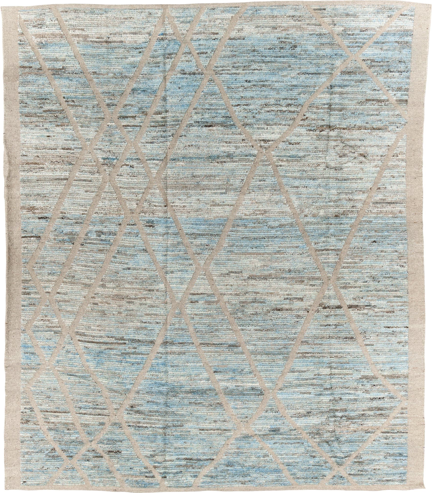 8' x 9' one-of-a-kind handmade vintage Tulu rug. Color palette: ivory, pale blue, taupe, beige, camel, brown, light blue