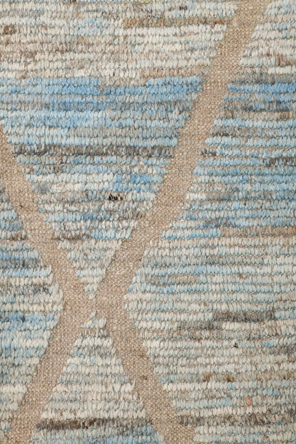 8' x 9' one-of-a-kind handmade vintage Tulu rug. Color palette: ivory, pale blue, taupe, beige, camel, brown, light blue