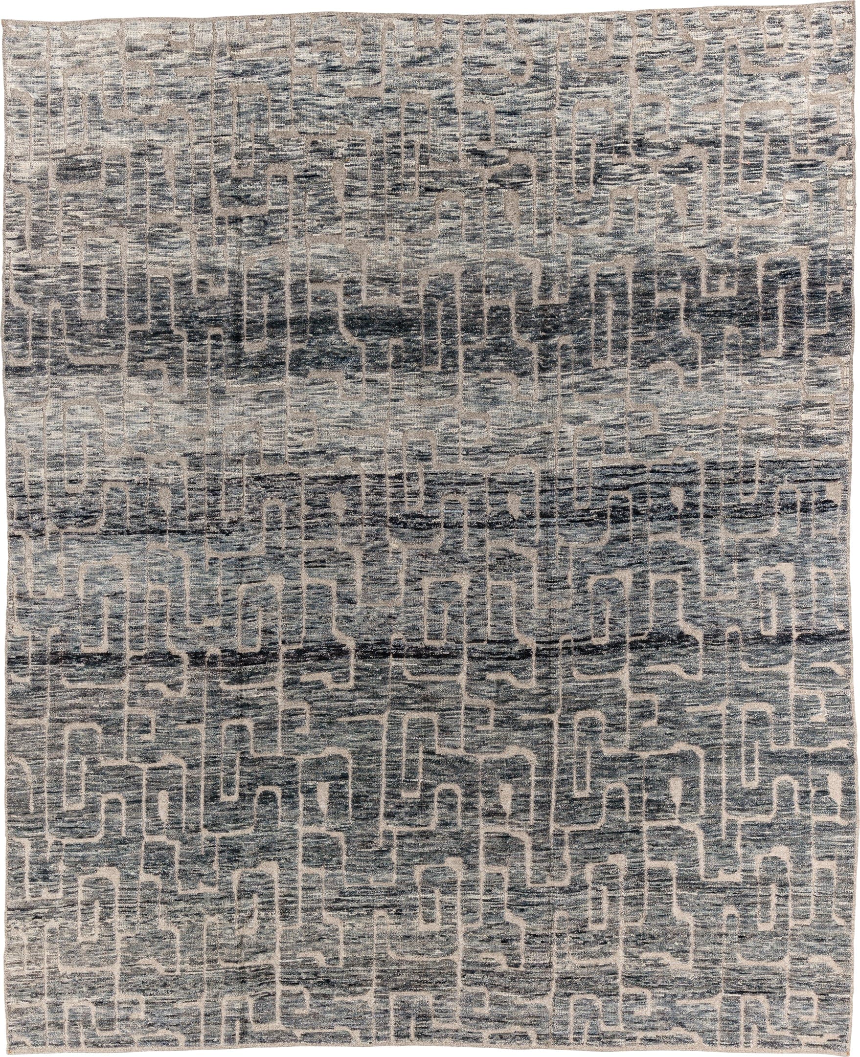 9' x 11' one-of-a-kind handmade vintage Tulu large size rug. Color palette: gray, ivory, charcoal, taupe, slate, black