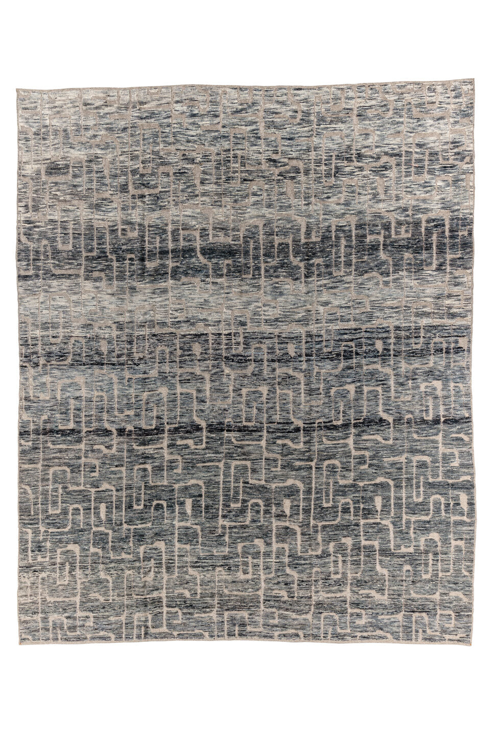 9' x 11' one-of-a-kind handmade vintage Tulu large size rug. Color palette: black, blue, charcoal, gainsboro, gray