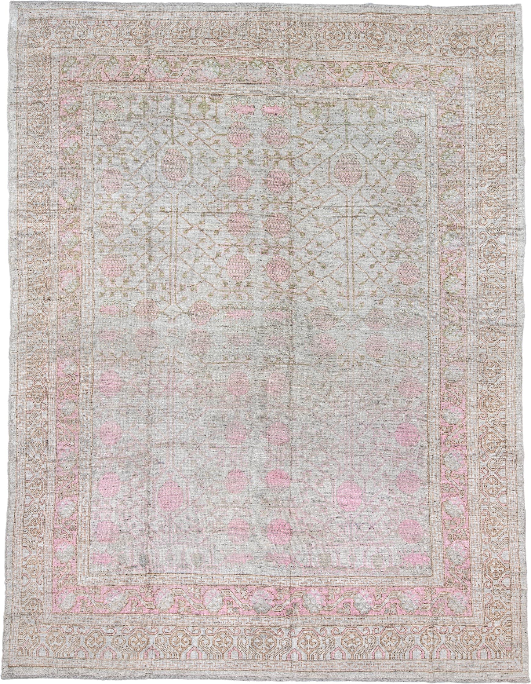 12' x 16' one-of-a-kind handmade vintage Khorassan oversize rug. Color palette: ivory, blush, taupe, sage, cream, pale pink