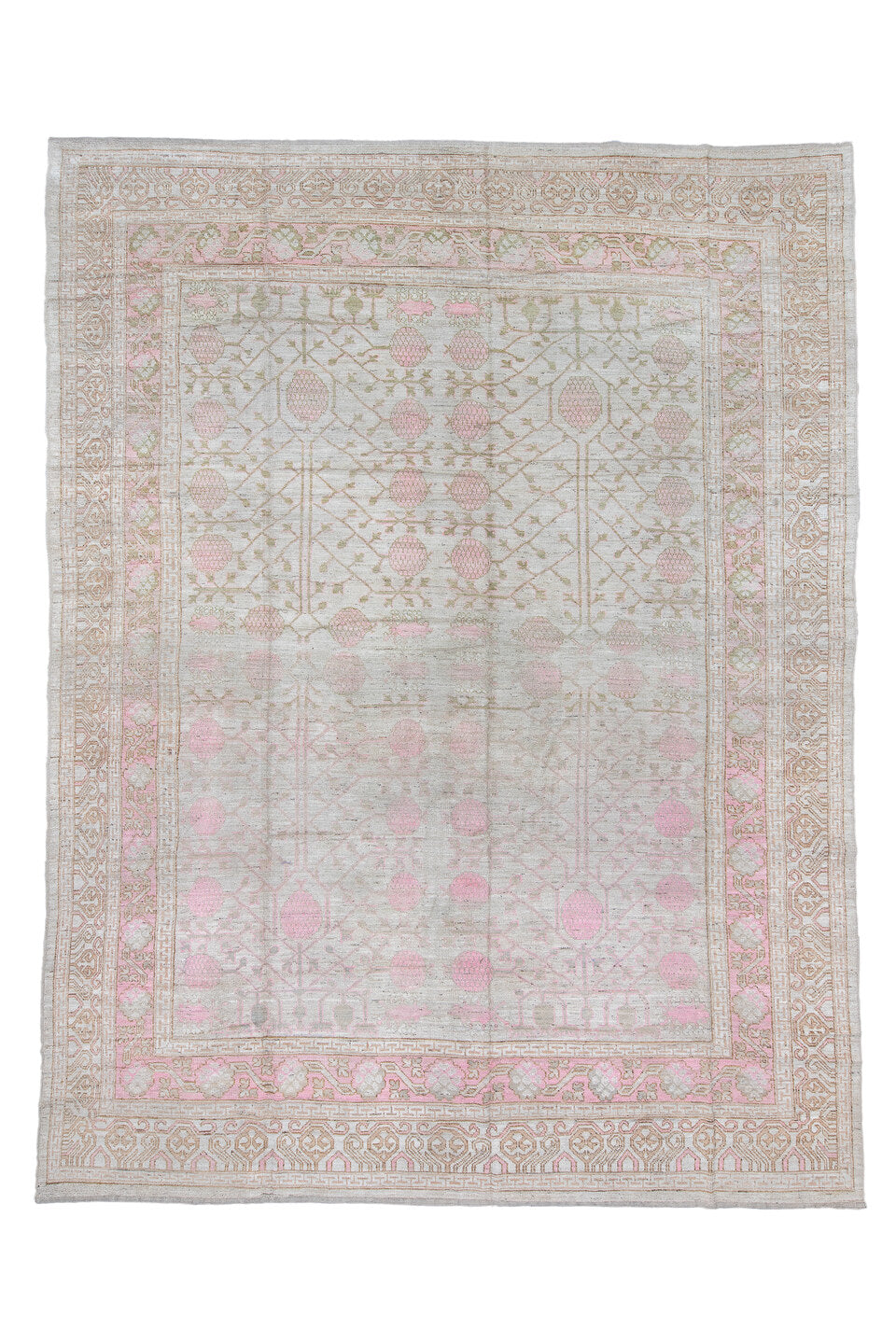 12' x 16' one-of-a-kind handmade vintage Khorassan oversize rug. Color palette: brown, dark gray, gainsboro, gray