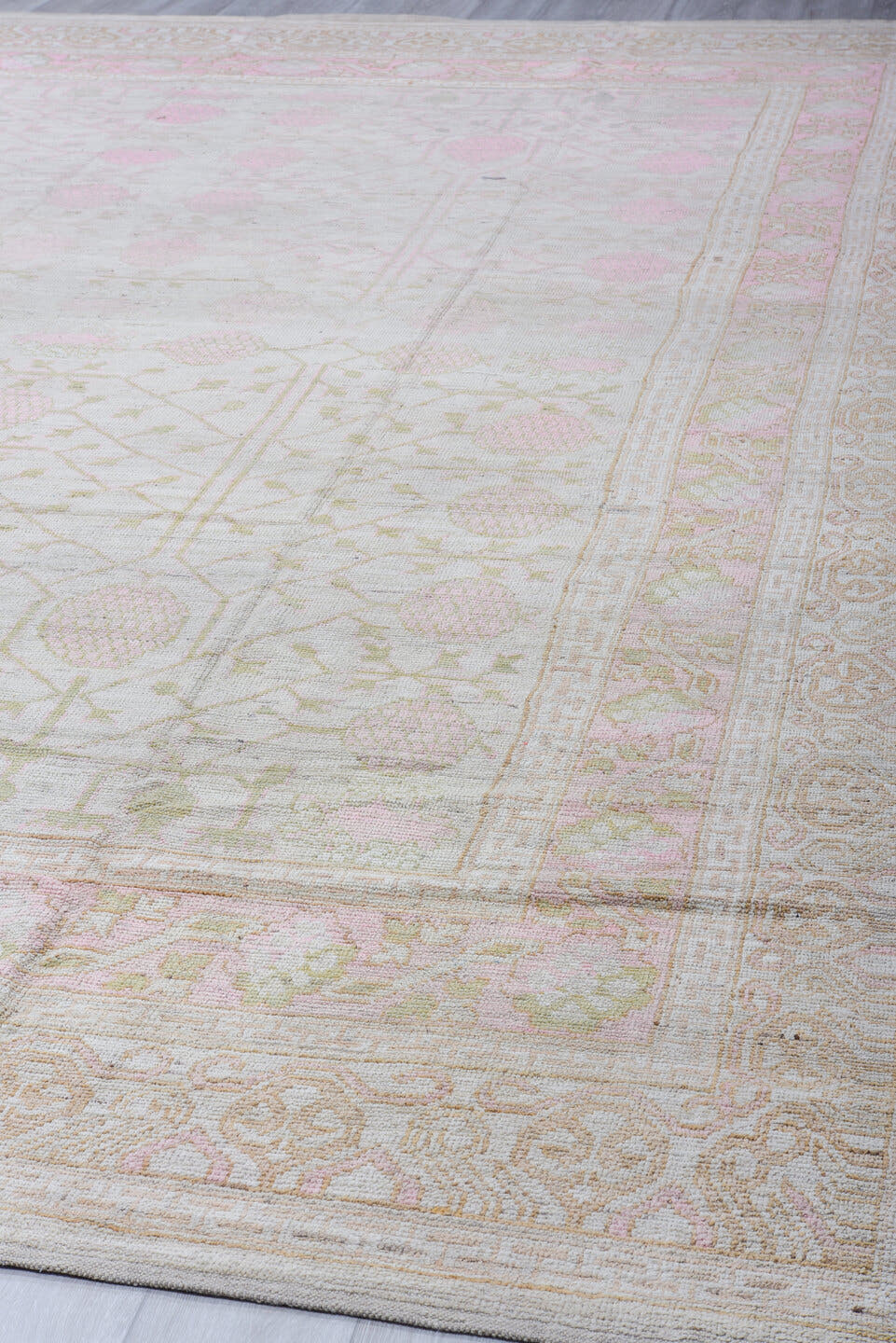12' x 16' one-of-a-kind handmade vintage Khorassan oversize rug. Color palette: ivory, blush, taupe, sage, cream, pale pink