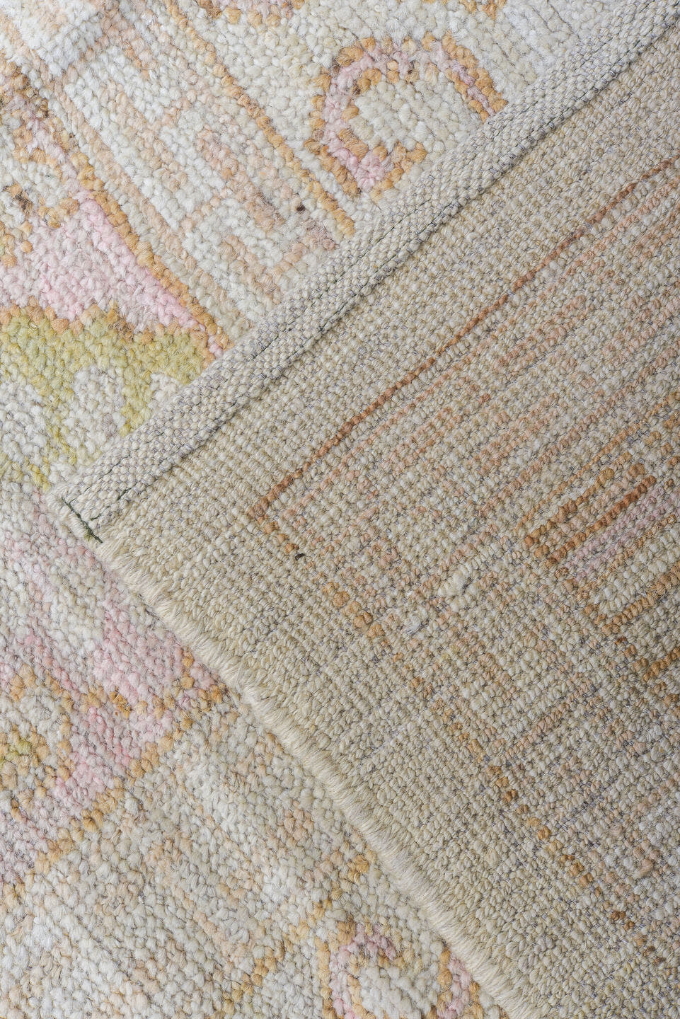 12' x 16' one-of-a-kind handmade vintage Khorassan oversize rug. Color palette: ivory, blush, taupe, sage, cream, pale pink