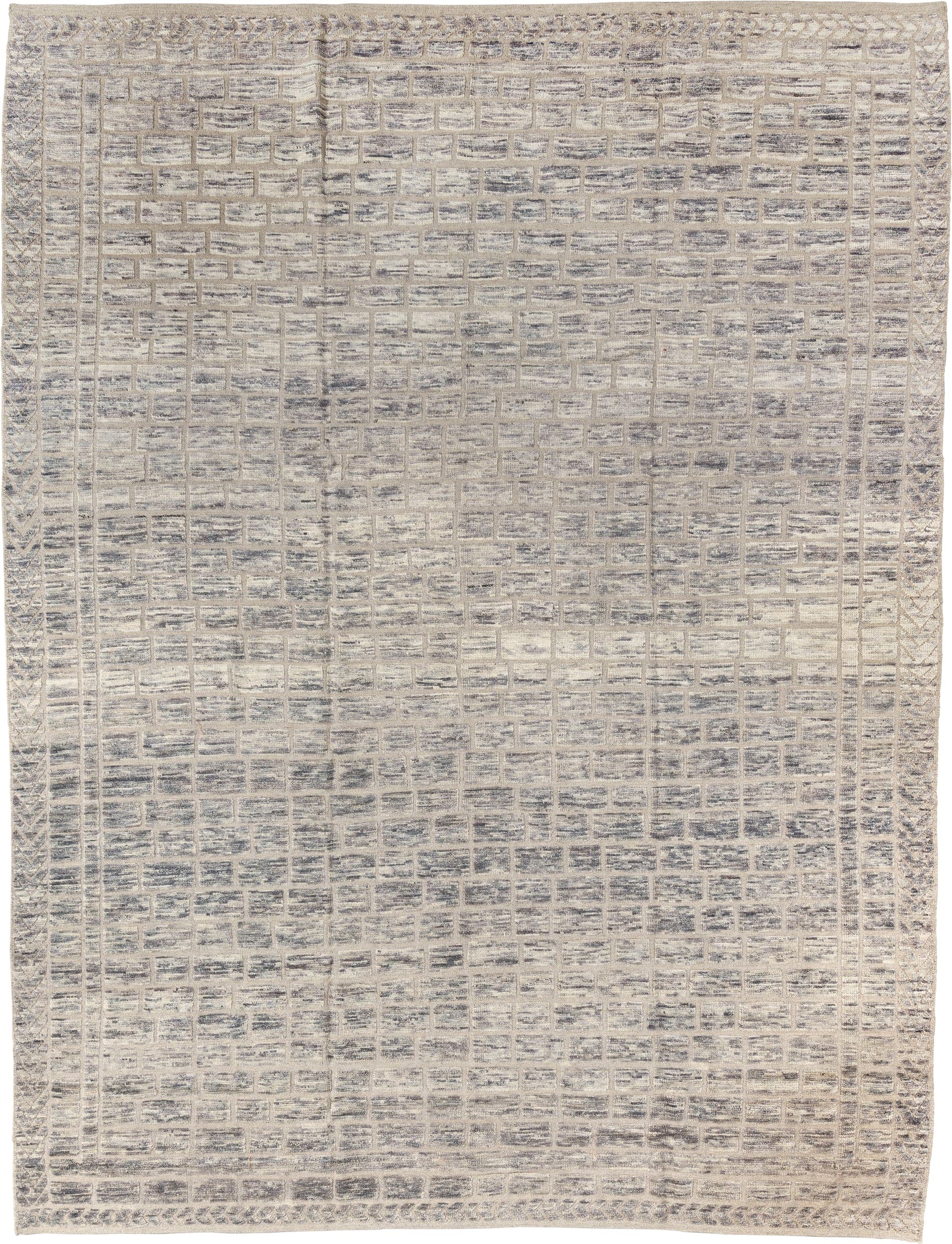 9' x 12' one-of-a-kind handmade vintage Tulu large size rug. Color palette: ivory, taupe, slate, cream, blue gray, beige