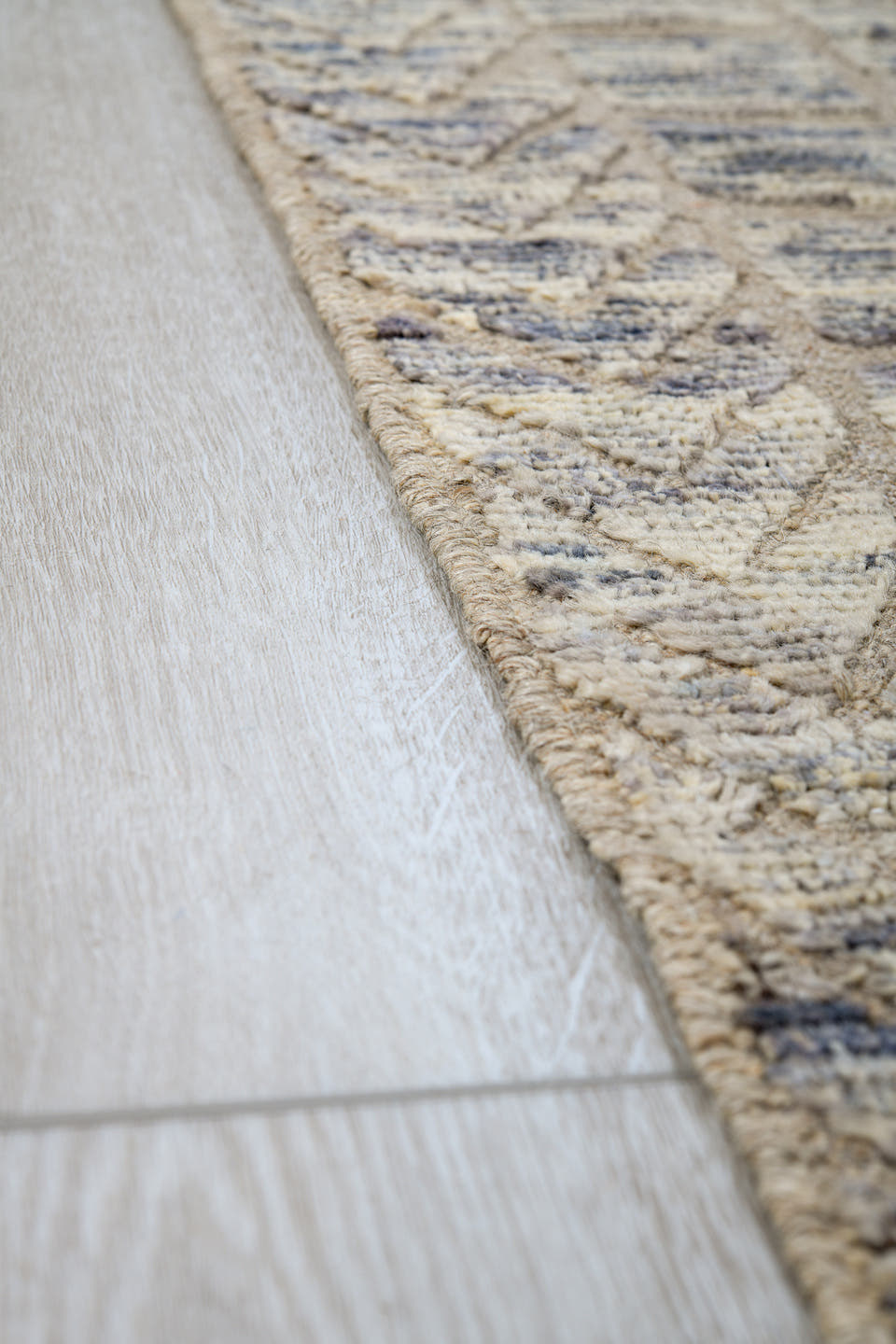 9' x 12' one-of-a-kind handmade vintage Tulu large size rug. Color palette: ivory, taupe, slate, cream, blue gray, beige