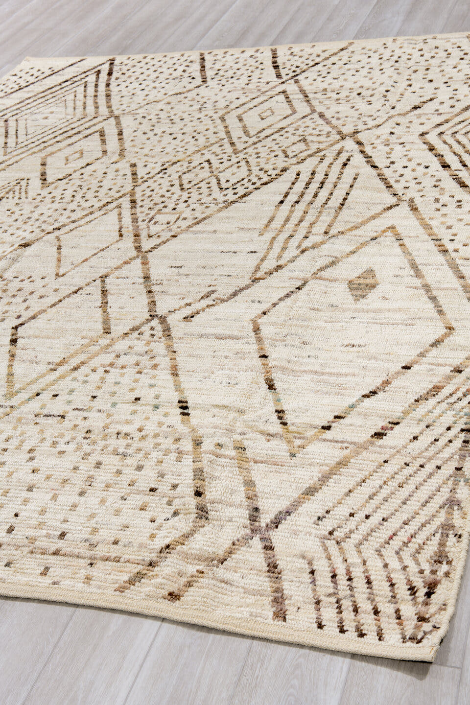 8' x 10' one-of-a-kind handmade vintage Tulu large size rug. Color palette: ivory, taupe, brown, camel, charcoal, beige