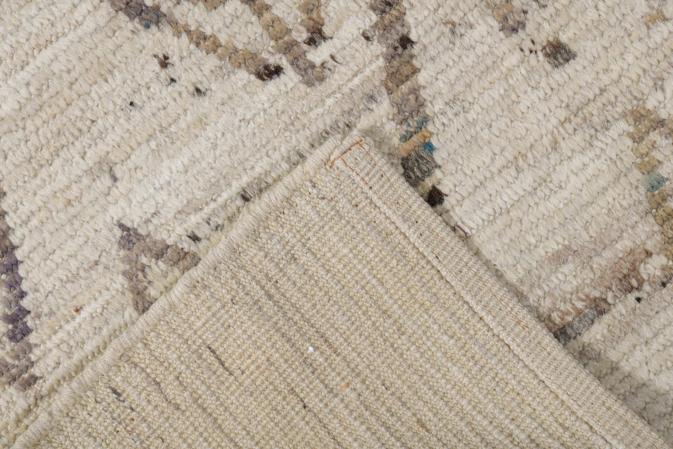 8' x 10' one-of-a-kind handmade vintage Tulu large size rug. Color palette: ivory, taupe, brown, camel, charcoal, beige
