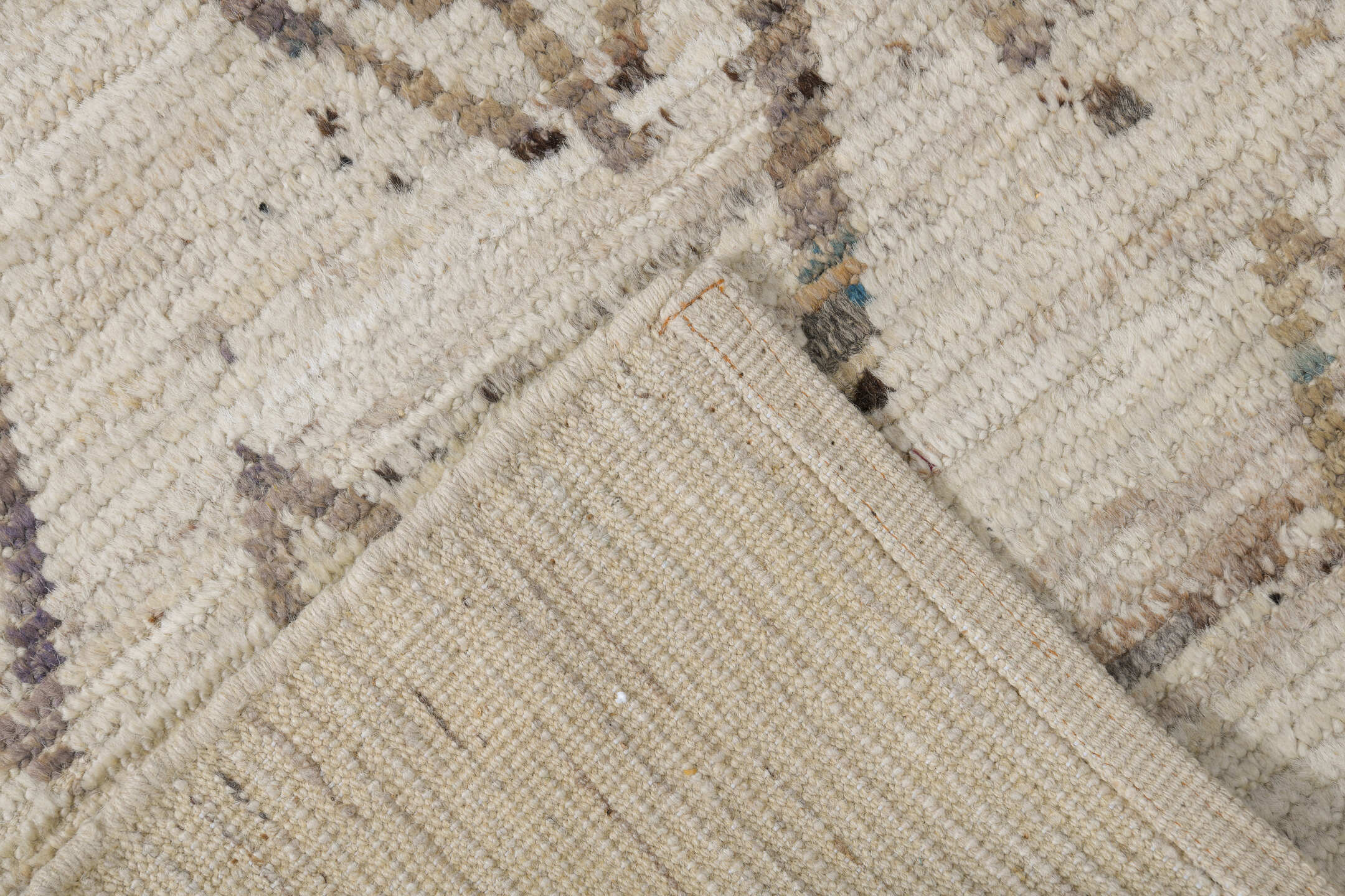 8' x 10' one-of-a-kind handmade vintage Tulu large size rug. Color palette: ivory, taupe, brown, camel, charcoal, beige