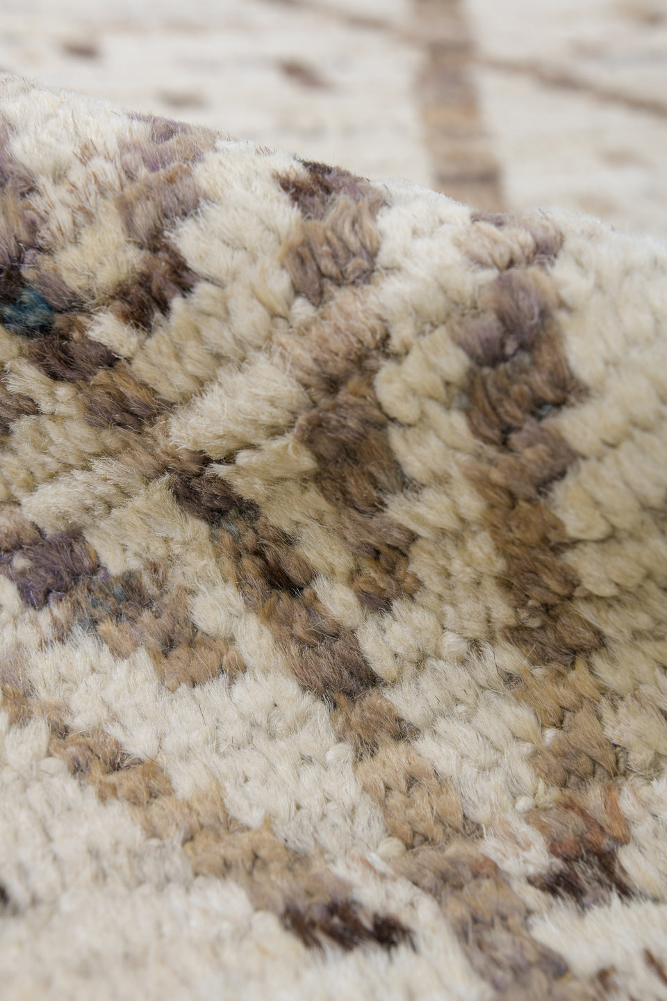 8' x 10' one-of-a-kind handmade vintage Tulu large size rug. Color palette: ivory, taupe, brown, camel, charcoal, beige