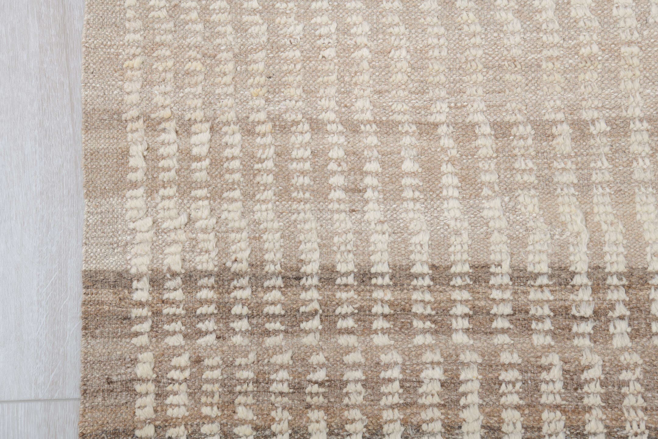 8' x 12' one-of-a-kind handmade vintage Tulu large size rug. Color palette: ivory, cream, taupe, camel, beige, gray