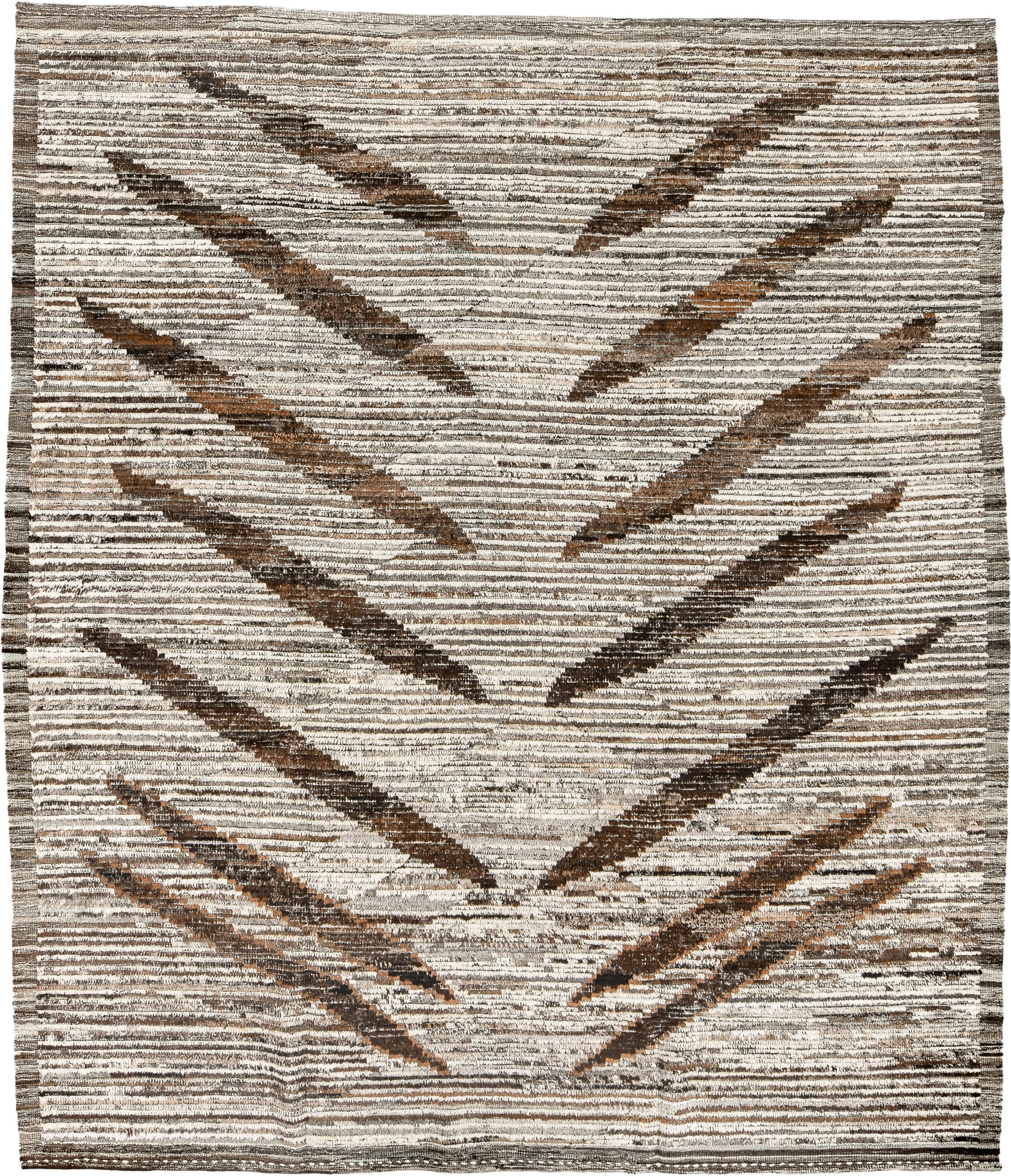 8' x 9' one-of-a-kind handmade vintage Tulu rug. Color palette: ivory, brown, taupe, charcoal, camel, beige, gray, black