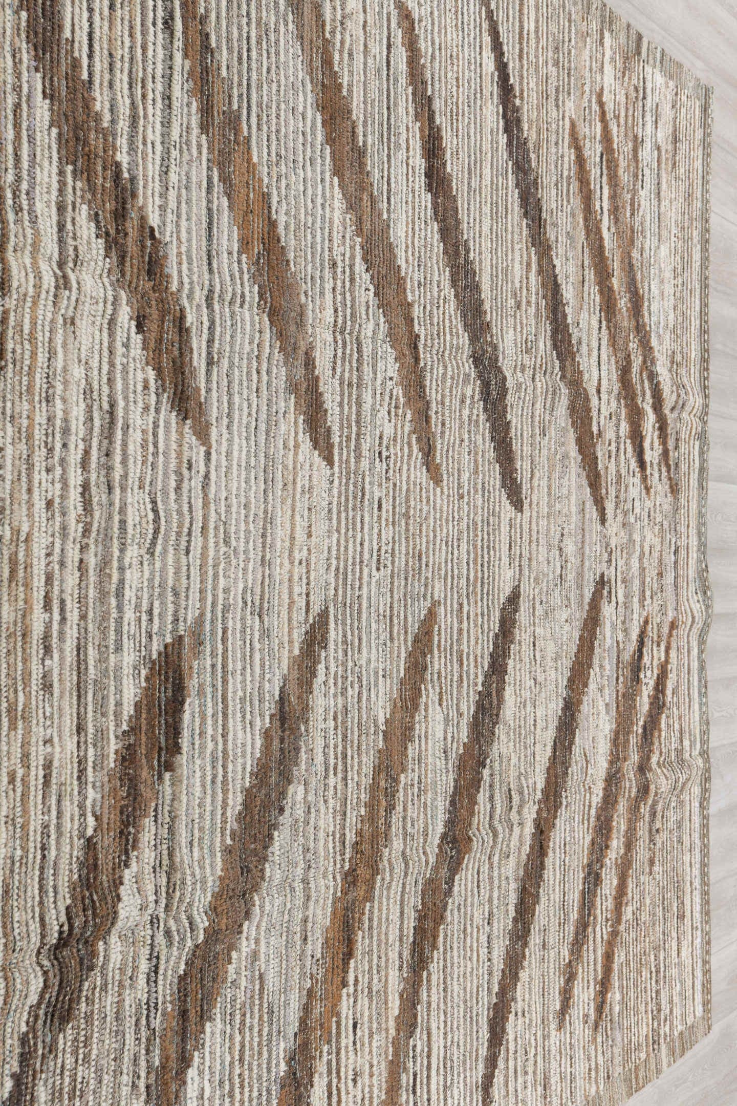 8' x 9' one-of-a-kind handmade vintage Tulu rug. Color palette: ivory, brown, taupe, charcoal, camel, beige, gray, black