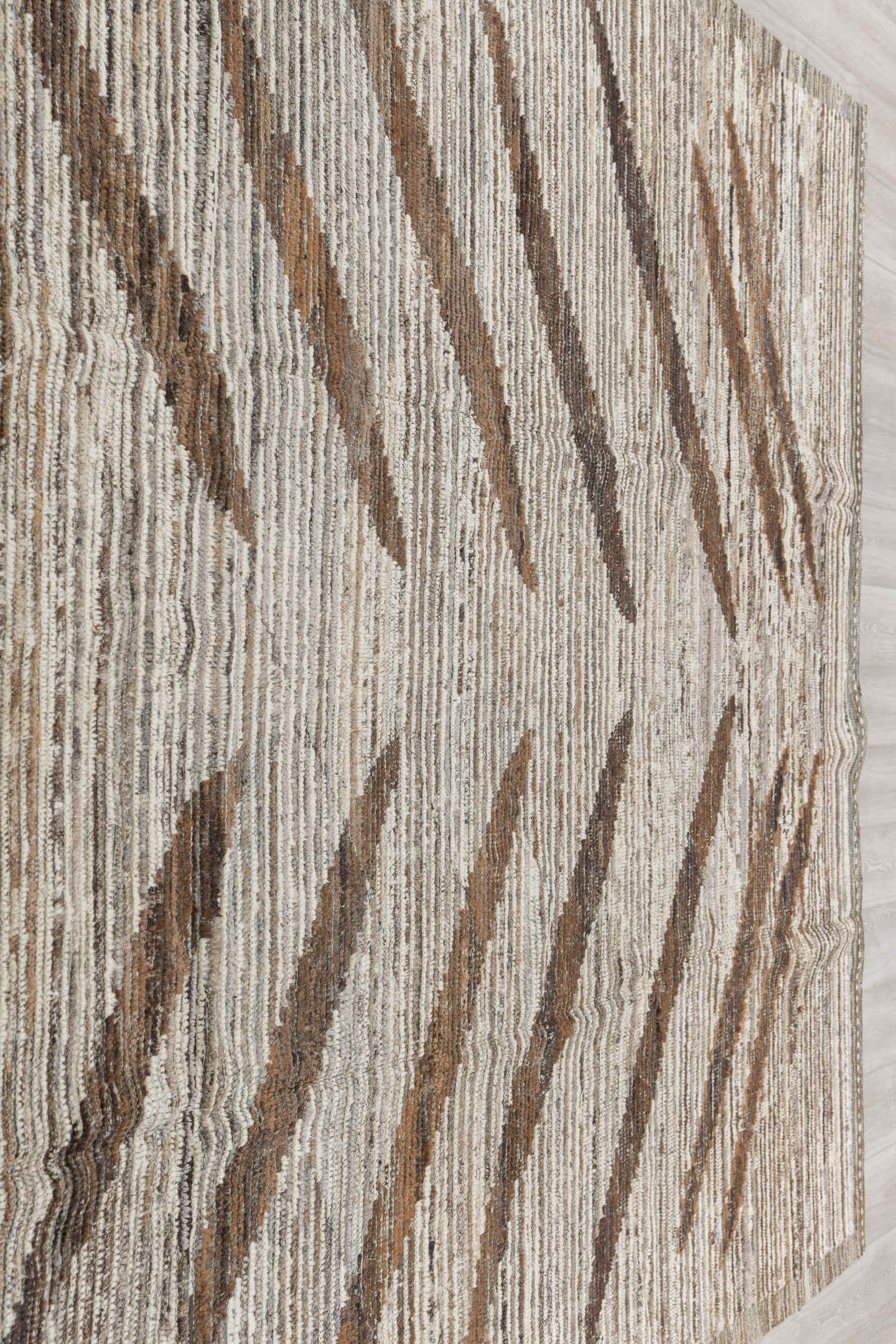 8' x 9' one-of-a-kind handmade vintage Tulu rug. Color palette: ivory, brown, taupe, charcoal, camel, beige, gray, black