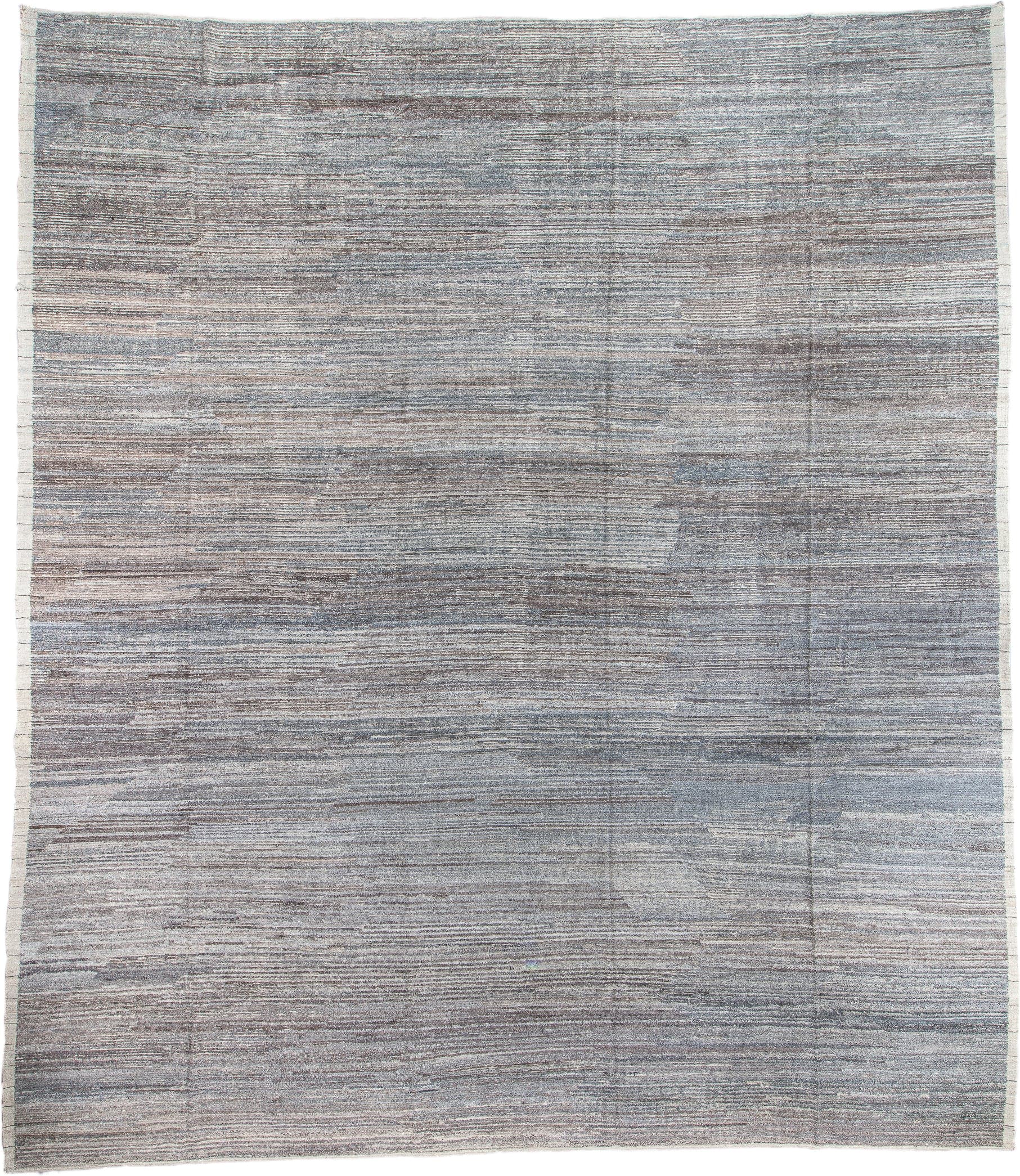 15' x 17' one-of-a-kind handmade vintage Tulu oversize rug. Color palette: blue gray, ivory, taupe, charcoal, stone gray