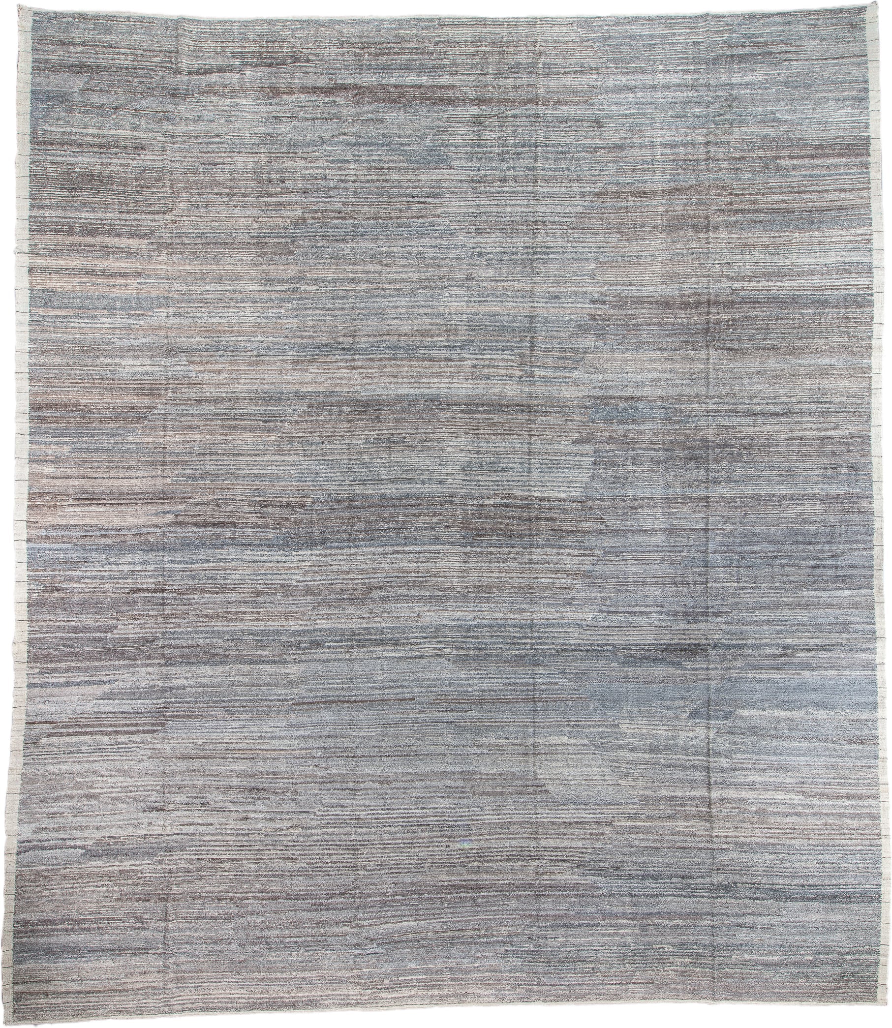 15' x 17' one-of-a-kind handmade vintage Tulu oversize rug. Color palette: blue gray, ivory, taupe, charcoal, stone gray
