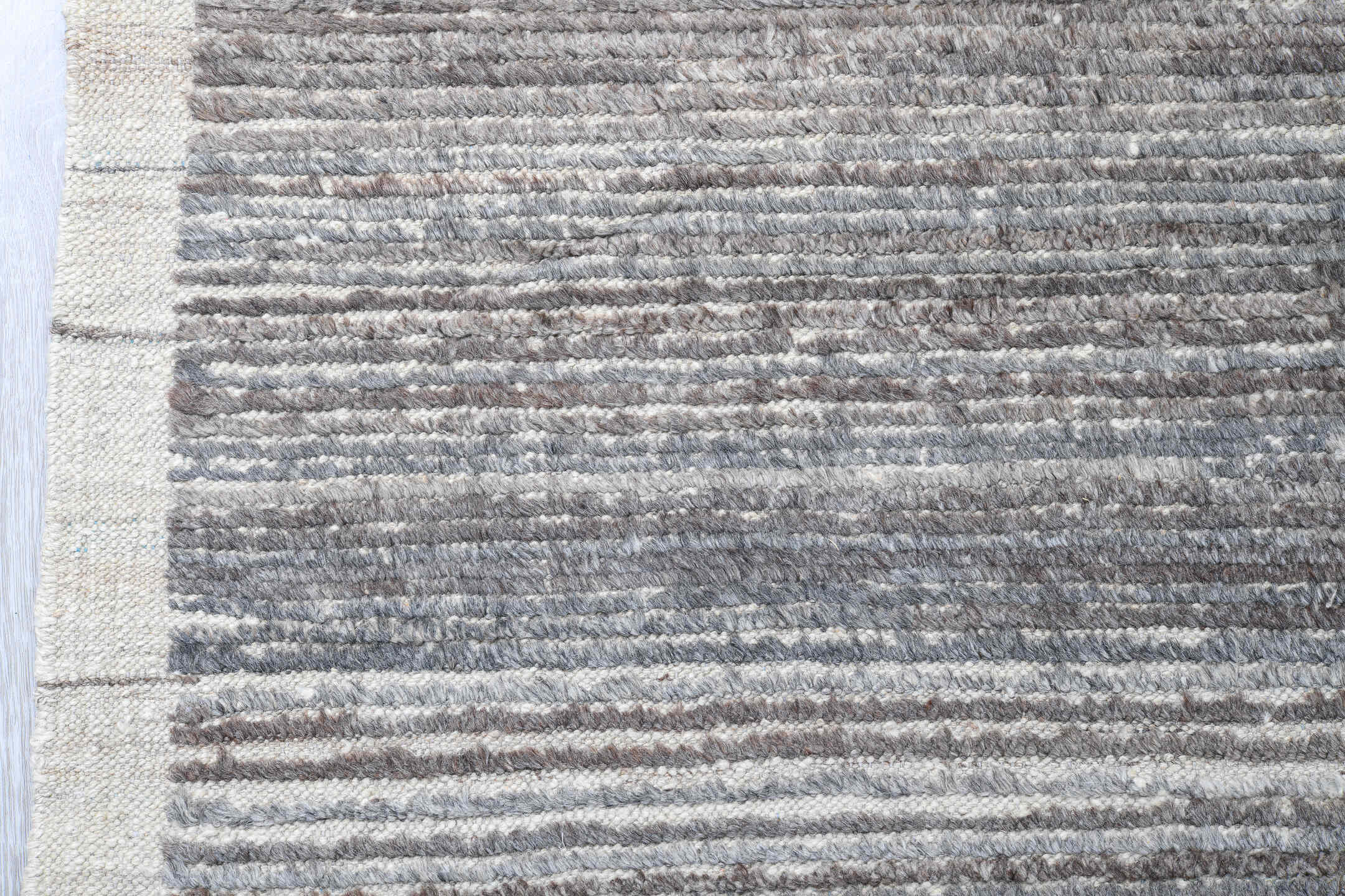 15' x 17' one-of-a-kind handmade vintage Tulu oversize rug. Color palette: blue gray, ivory, taupe, charcoal, stone gray