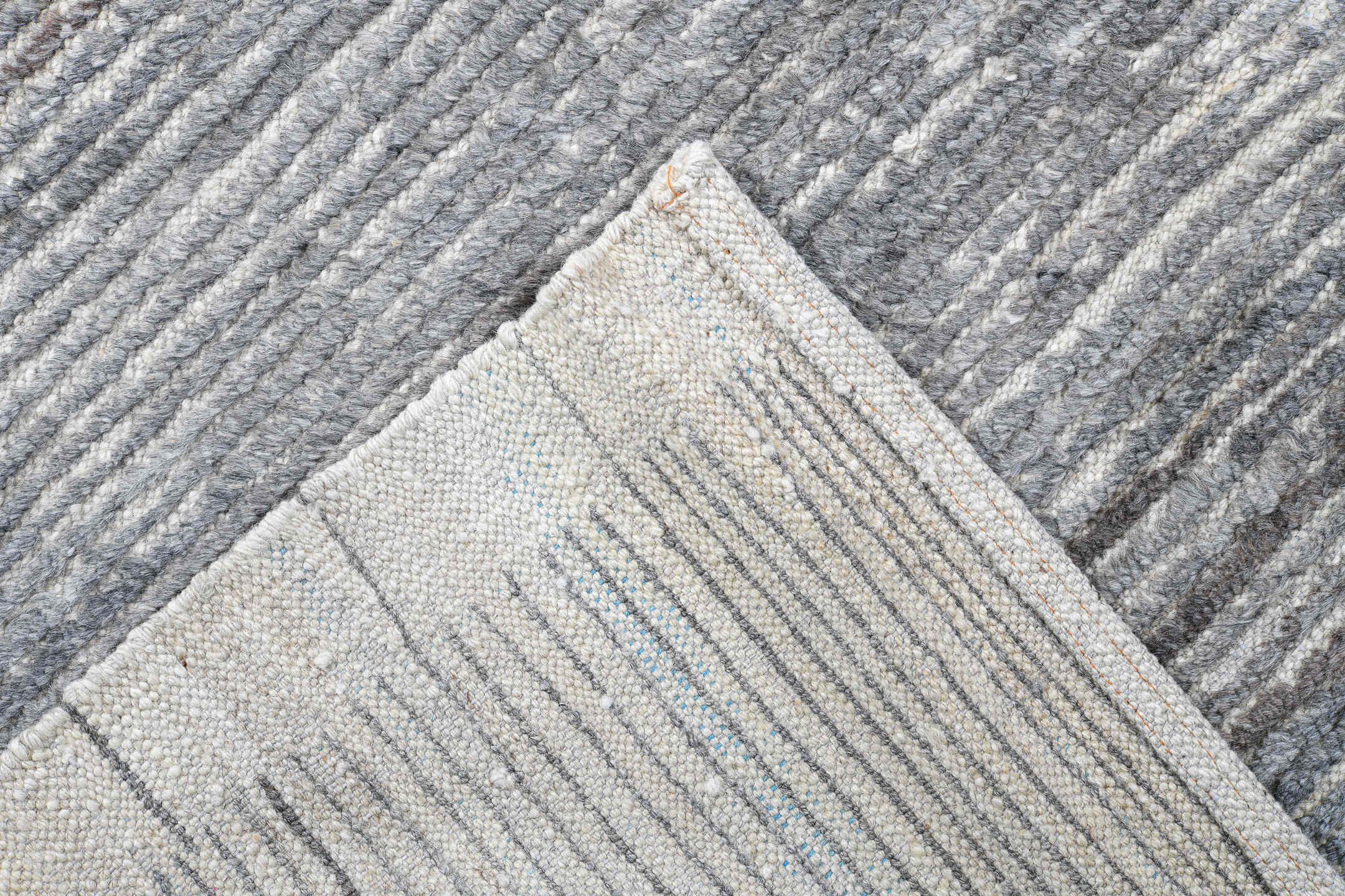 15' x 17' one-of-a-kind handmade vintage Tulu oversize rug. Color palette: blue gray, ivory, taupe, charcoal, stone gray
