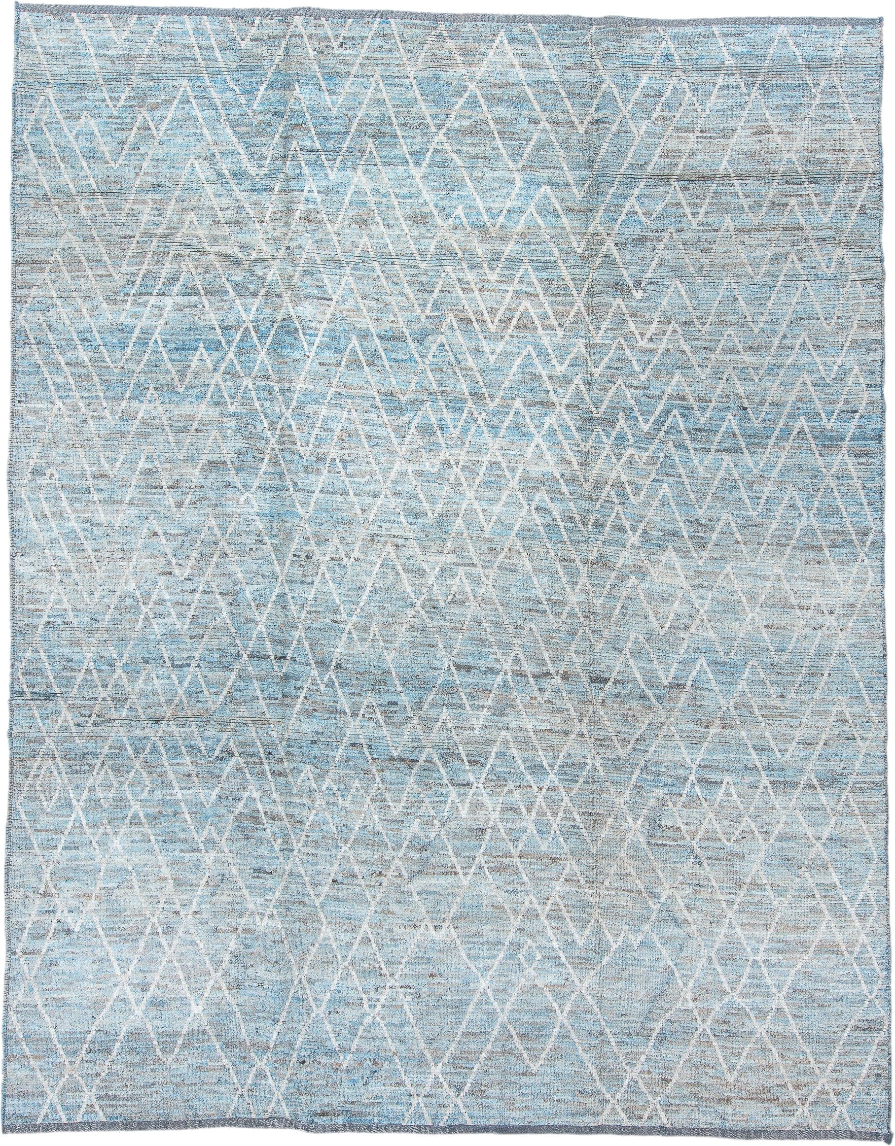 10' x 13' one-of-a-kind handmade vintage Tulu large size rug. Color palette: sky blue, ivory, slate, pale blue, gray