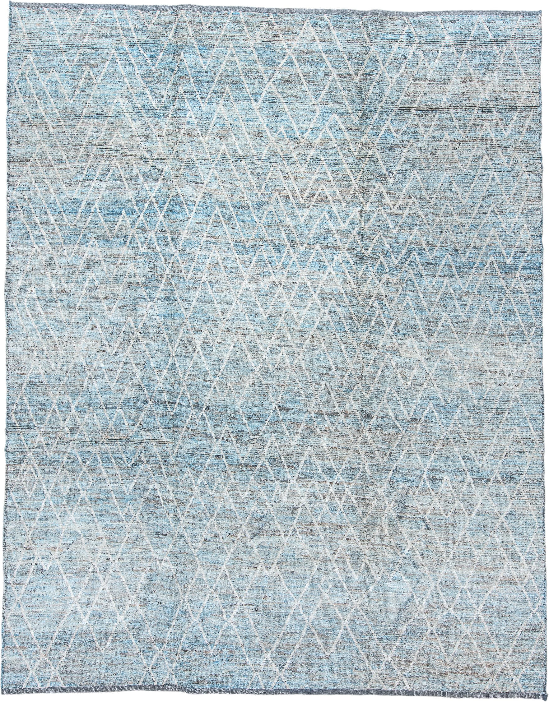10' x 13' one-of-a-kind handmade vintage Tulu large size rug. Color palette: sky blue, ivory, slate, pale blue, gray