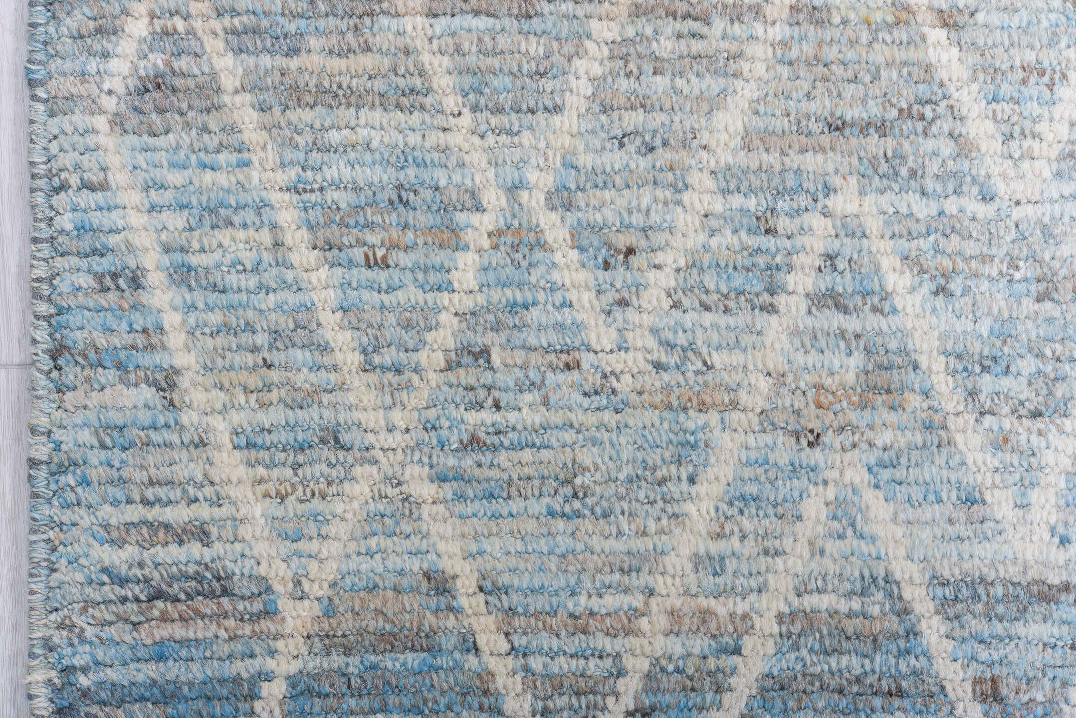 10' x 13' one-of-a-kind handmade vintage Tulu large size rug. Color palette: sky blue, ivory, slate, pale blue, gray