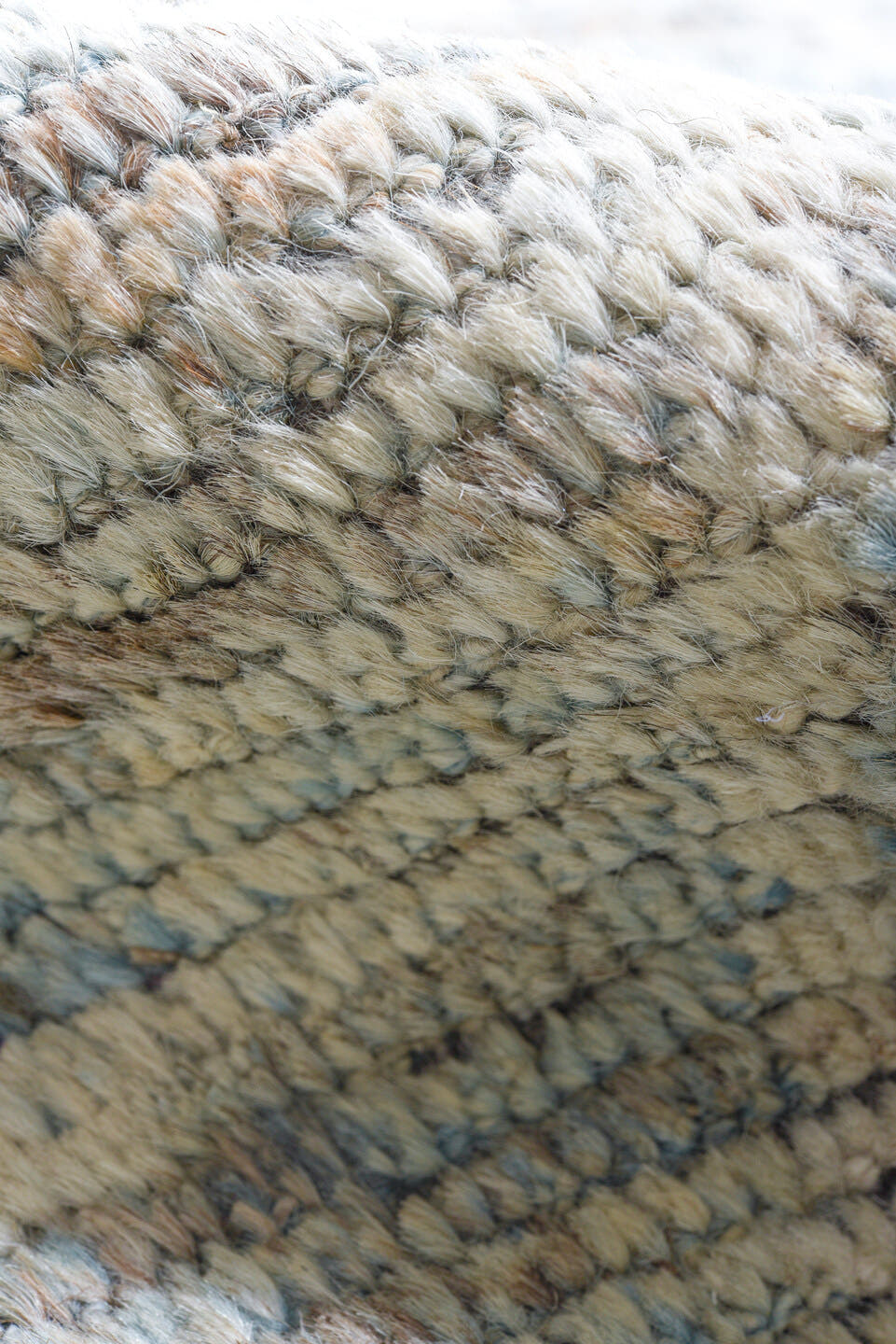 10' x 13' one-of-a-kind handmade vintage Tulu large size rug. Color palette: sky blue, ivory, slate, pale blue, gray