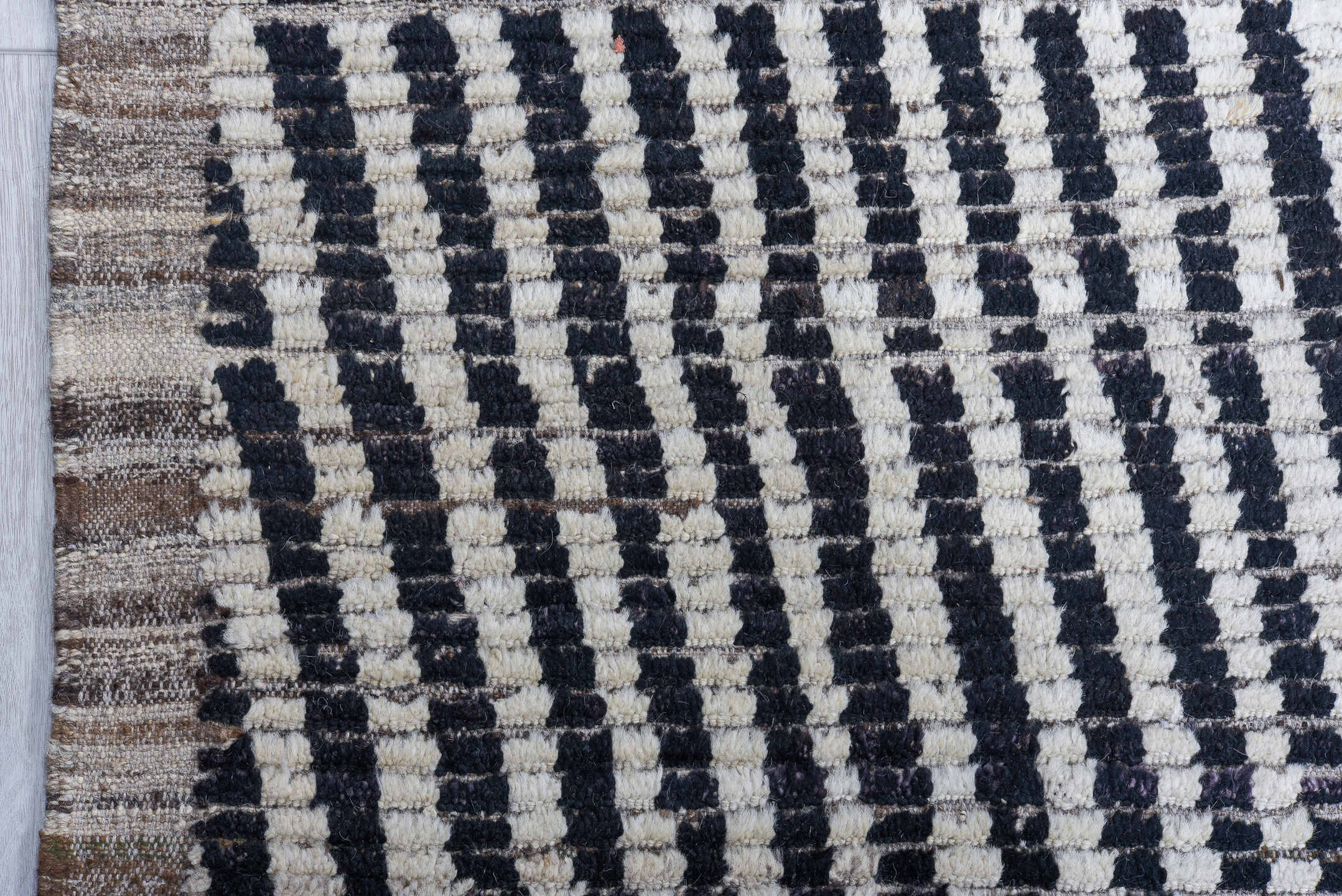 13' x 14' one-of-a-kind handmade vintage Tulu oversize rug. Color palette: ivory, charcoal, taupe, gray, black, beige