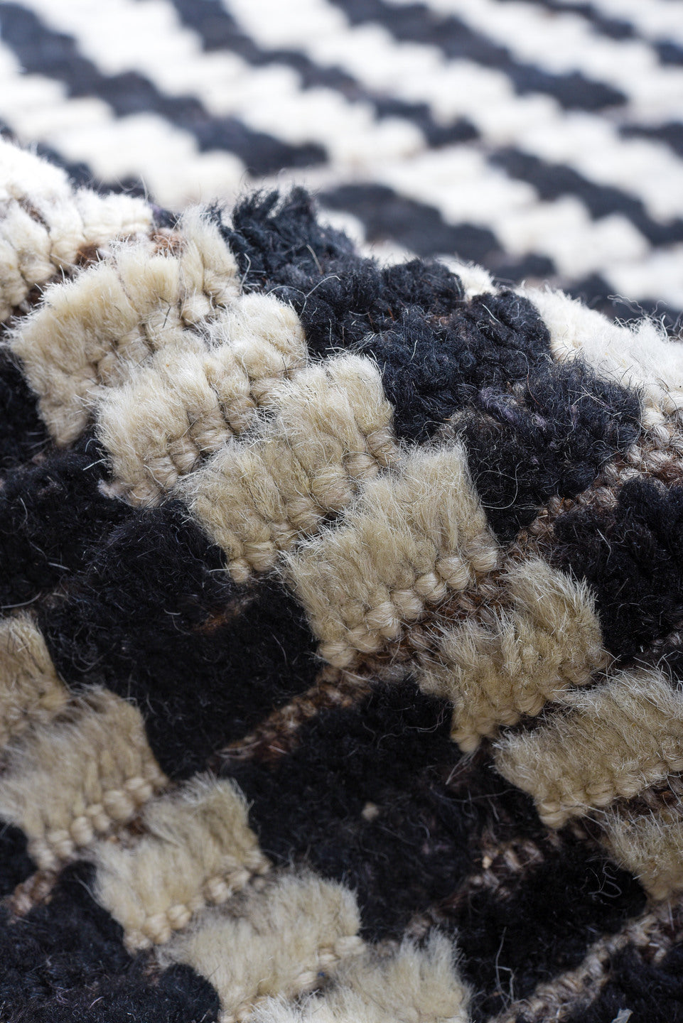 13' x 14' one-of-a-kind handmade vintage Tulu oversize rug. Color palette: ivory, charcoal, taupe, gray, black, beige